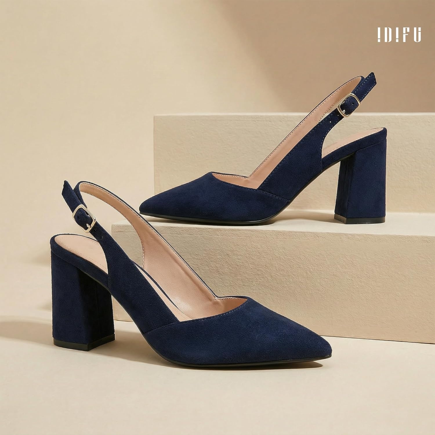 image:imageIDIFU IN3 Womens Slingback Heels Closed Pointed Toe Chunky Low Heel Dress Pumps Comfort Bridal Wedding Party Prom Work Office Business Pumps ShoesNavy Blue Suede