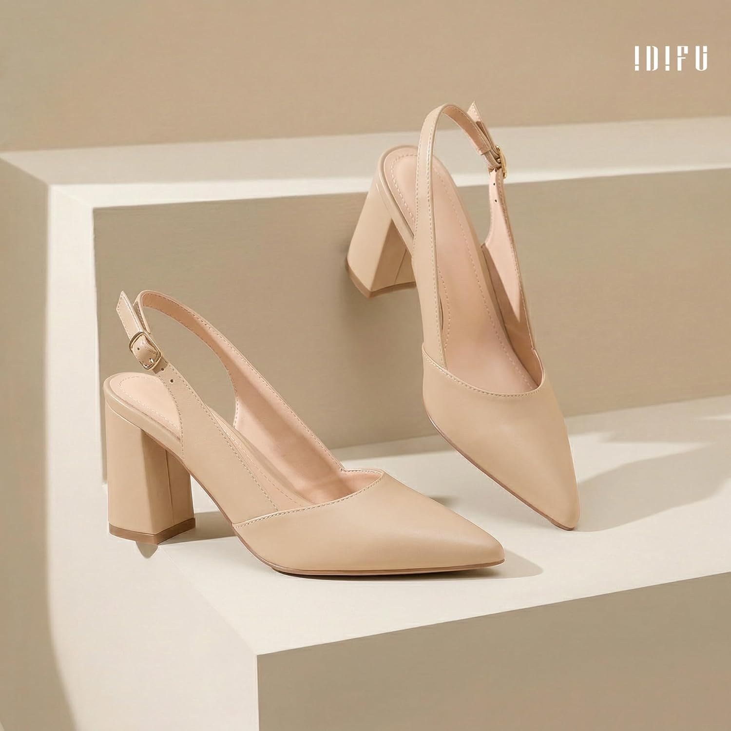 image:imageIDIFU IN3 Womens Slingback Heels Closed Pointed Toe Chunky Low Heel Dress Pumps Comfort Bridal Wedding Party Prom Work Office Business Pumps ShoesNude Pu
