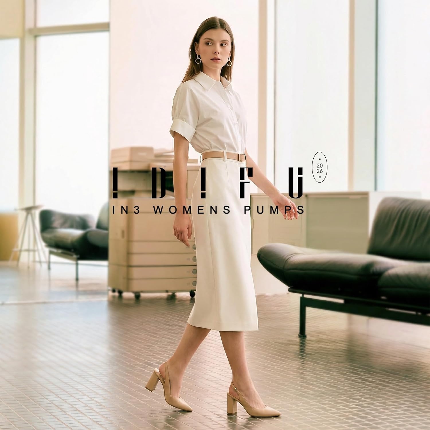 image:imageIDIFU IN3 Womens Slingback Heels Closed Pointed Toe Chunky Low Heel Dress Pumps Comfort Bridal Wedding Party Prom Work Office Business Pumps ShoesNude Pu