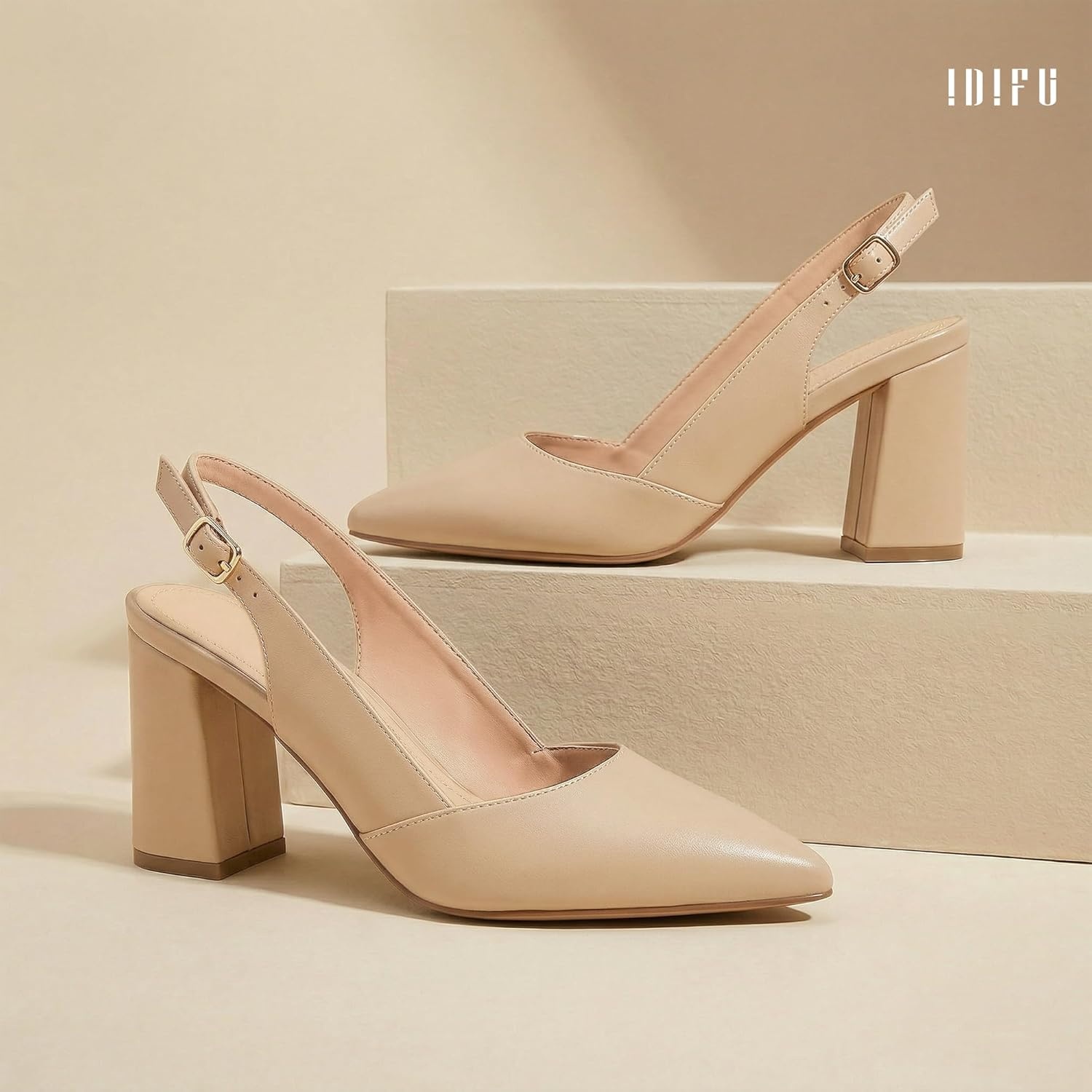 image:imageIDIFU IN3 Womens Slingback Heels Closed Pointed Toe Chunky Low Heel Dress Pumps Comfort Bridal Wedding Party Prom Work Office Business Pumps ShoesNude Pu