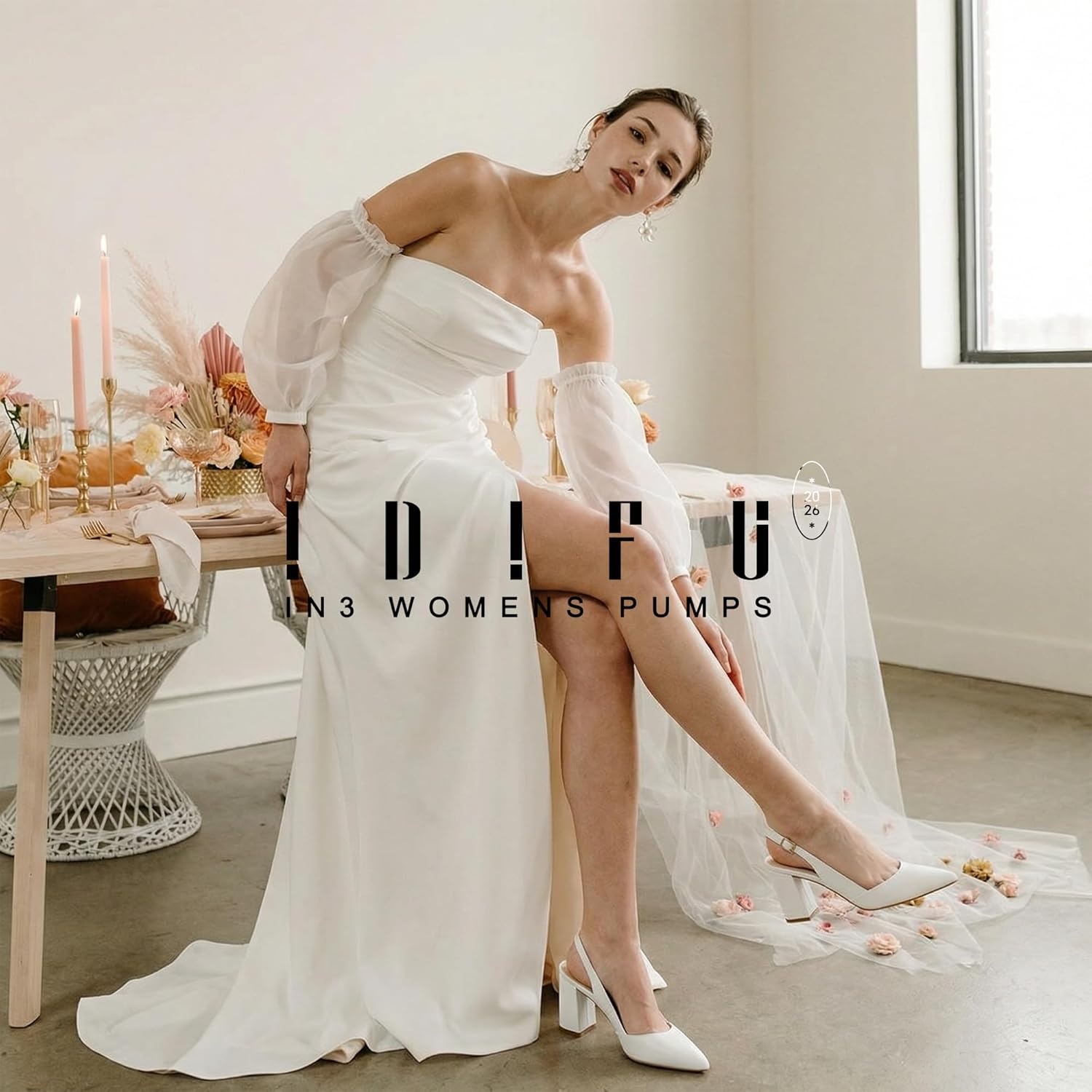 image:imageIDIFU IN3 Womens Slingback Heels Closed Pointed Toe Chunky Low Heel Dress Pumps Comfort Bridal Wedding Party Prom Work Office Business Pumps ShoesWhite Pu
