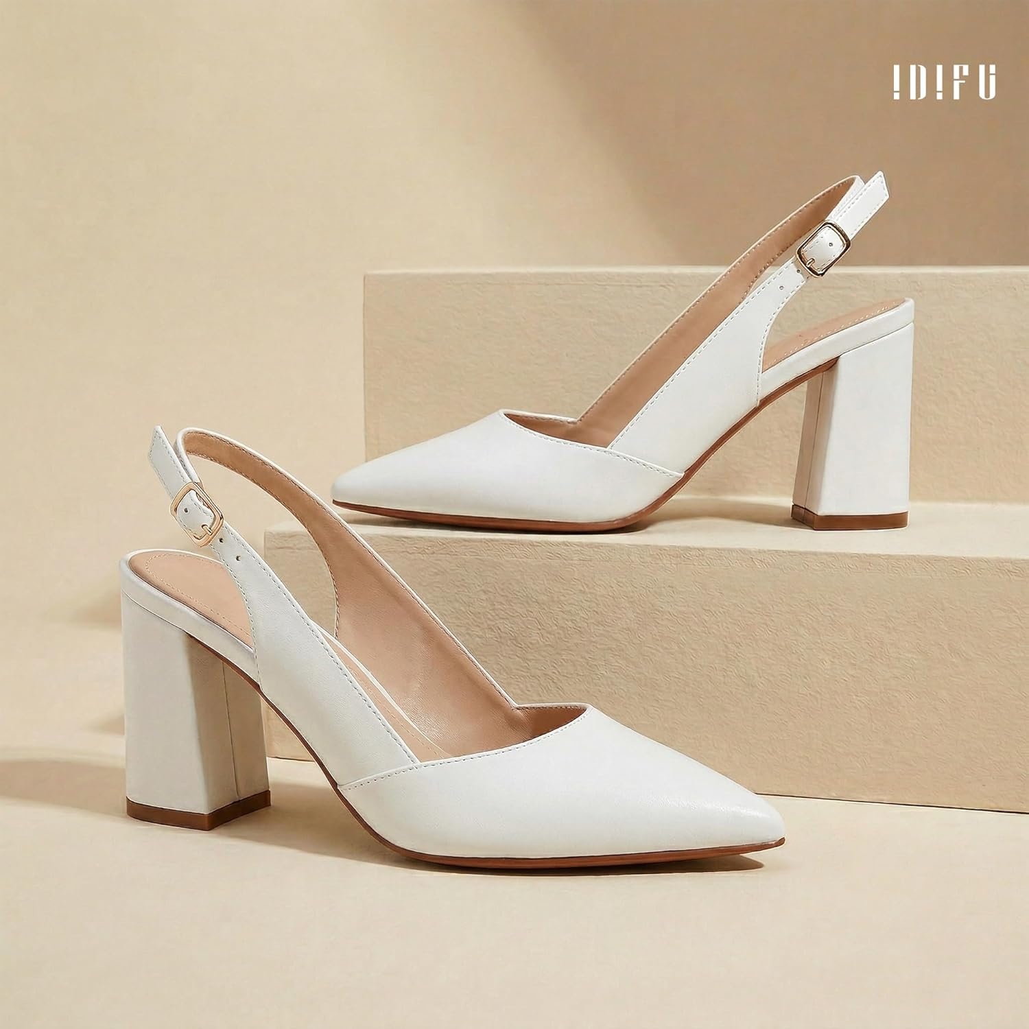 image:imageIDIFU IN3 Womens Slingback Heels Closed Pointed Toe Chunky Low Heel Dress Pumps Comfort Bridal Wedding Party Prom Work Office Business Pumps ShoesWhite Pu