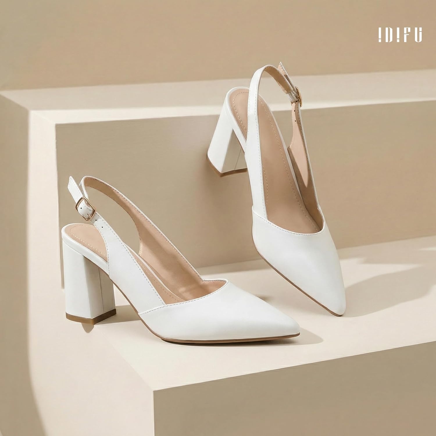 image:imageIDIFU IN3 Womens Slingback Heels Closed Pointed Toe Chunky Low Heel Dress Pumps Comfort Bridal Wedding Party Prom Work Office Business Pumps ShoesWhite Pu