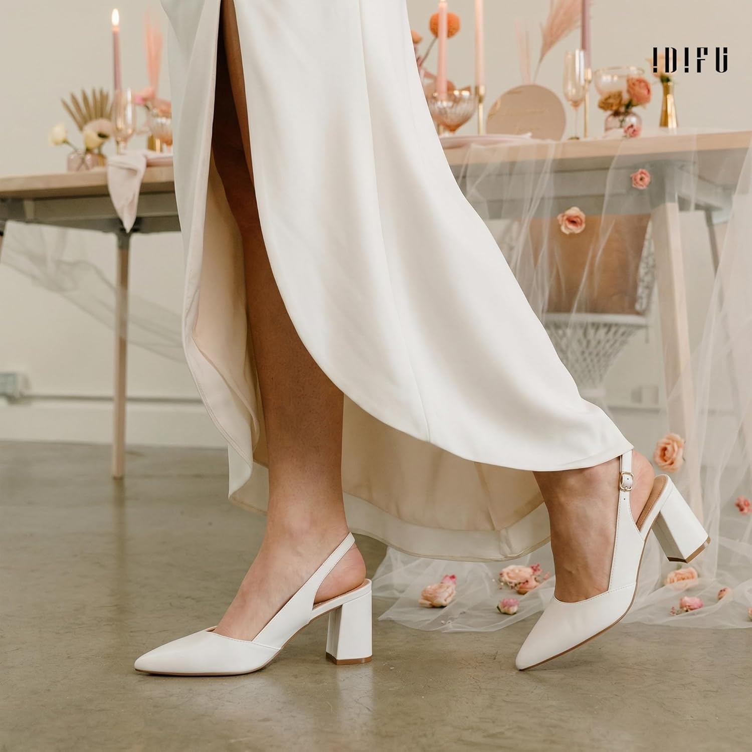 image:imageIDIFU IN3 Womens Slingback Heels Closed Pointed Toe Chunky Low Heel Dress Pumps Comfort Bridal Wedding Party Prom Work Office Business Pumps ShoesWhite Pu