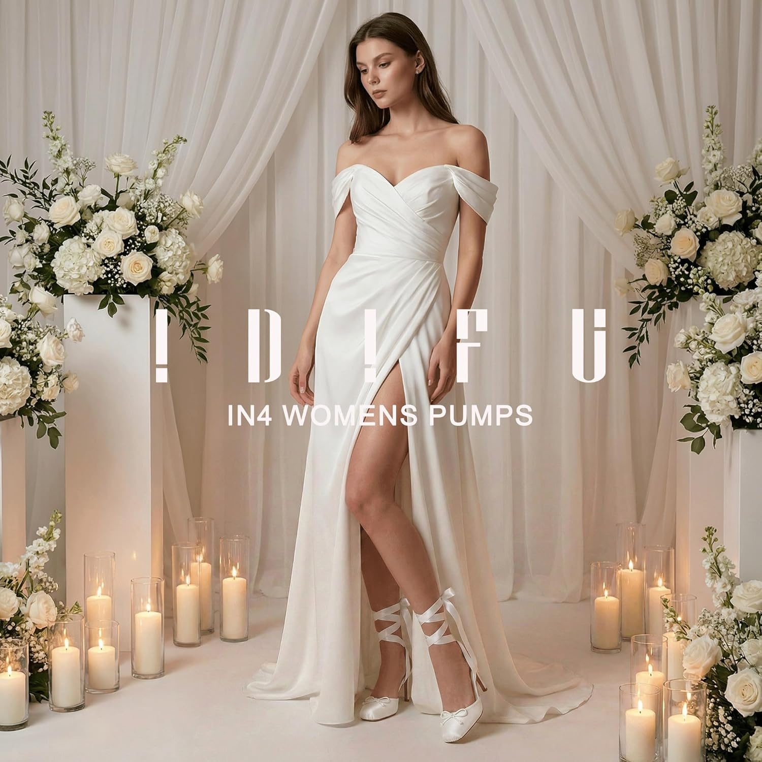 image:imageIDIFU IN4 Ballet Heels Closed Square Toe Bow Ballerina High Heels for Women Lace Up Stiletto Wedding Bridal Dancing Evening Prom Party Shoes Comfortable Sexy Cute Slingback Pumps ShoesWhite Pu
