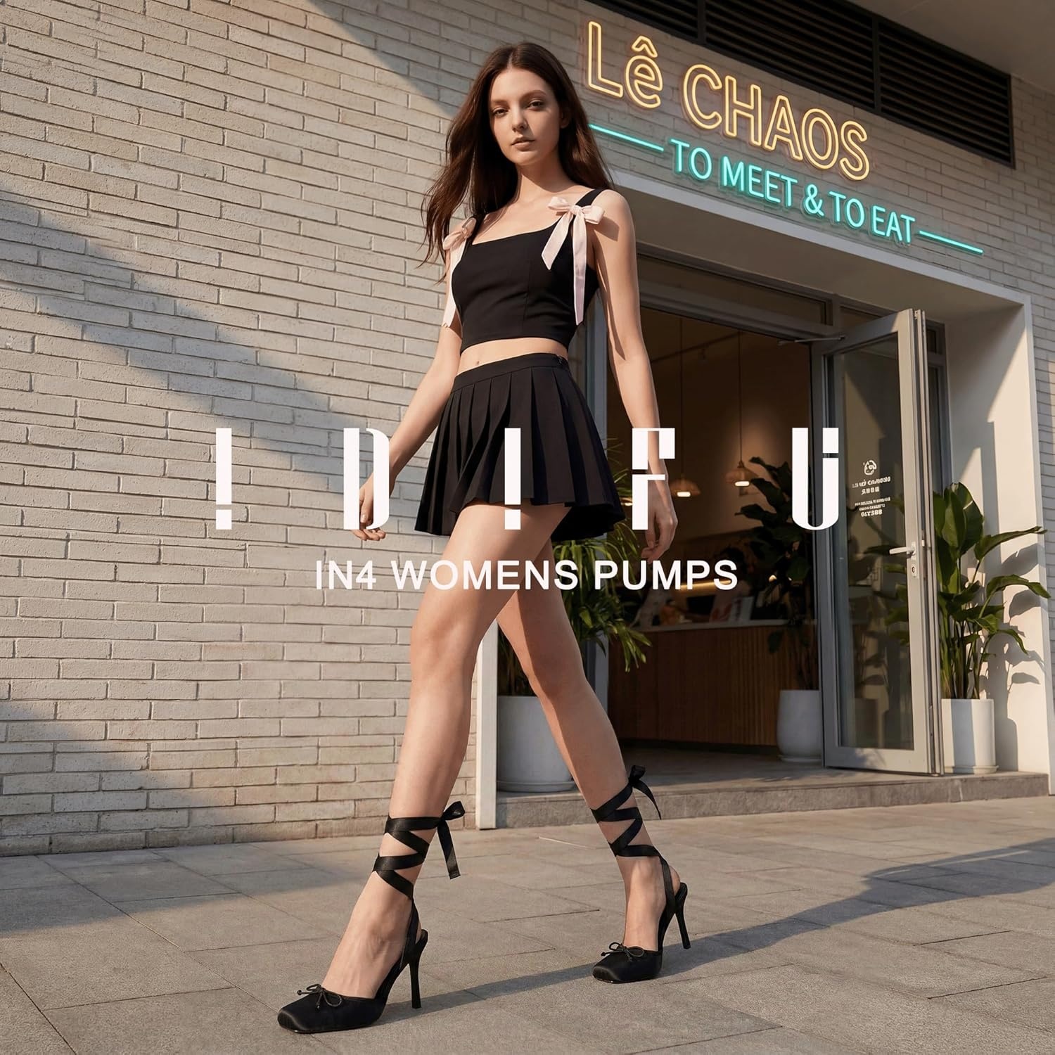 image:imageIDIFU IN4 Ballet Heels Closed Square Toe Bow Ballerina High Heels for Women Lace Up Stiletto Wedding Bridal Dancing Evening Prom Party Shoes Comfortable Sexy Cute Slingback Pumps ShoesBlack Satin
