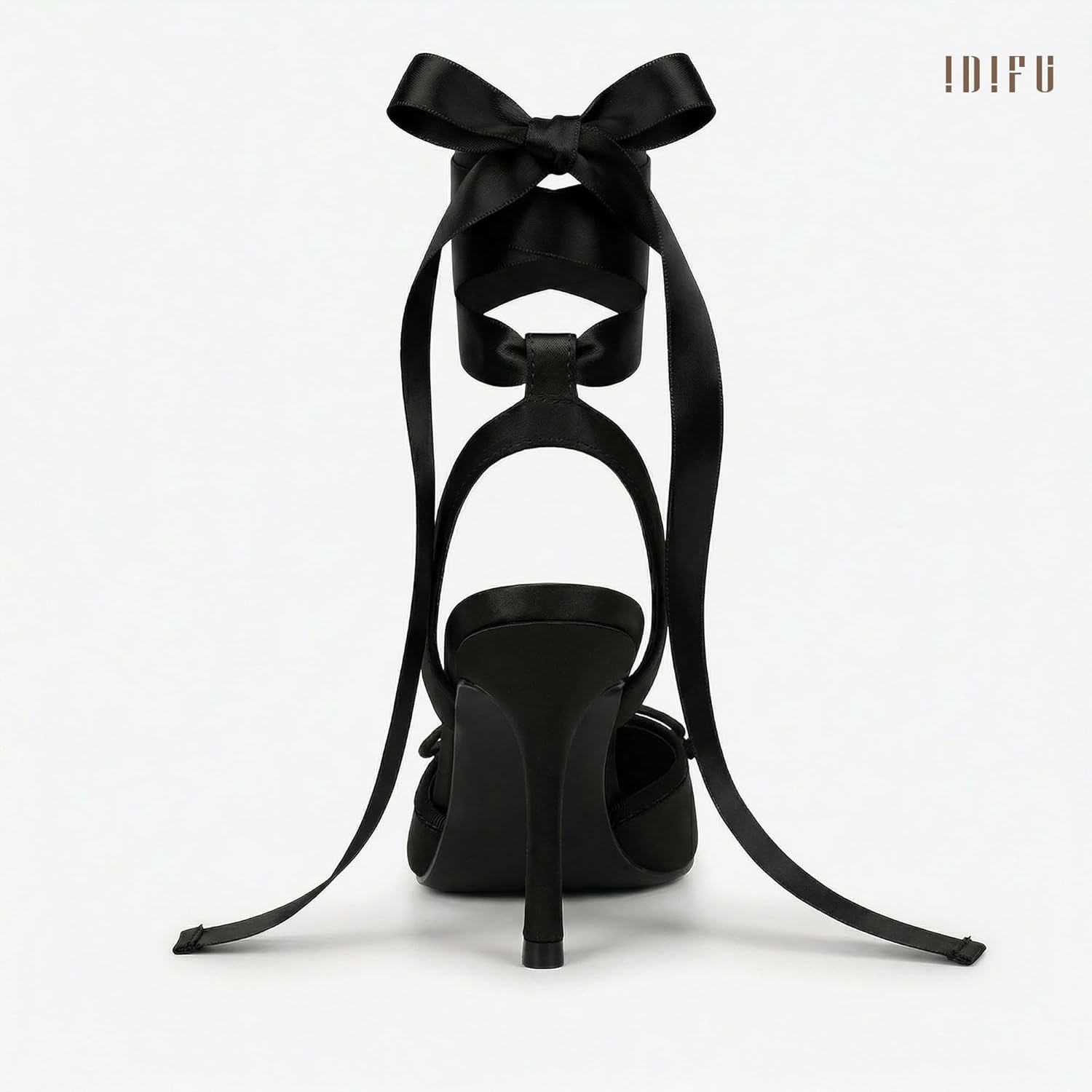 image:imageIDIFU IN4 Ballet Heels Closed Square Toe Bow Ballerina High Heels for Women Lace Up Stiletto Wedding Bridal Dancing Evening Prom Party Shoes Comfortable Sexy Cute Slingback Pumps ShoesBlack Satin