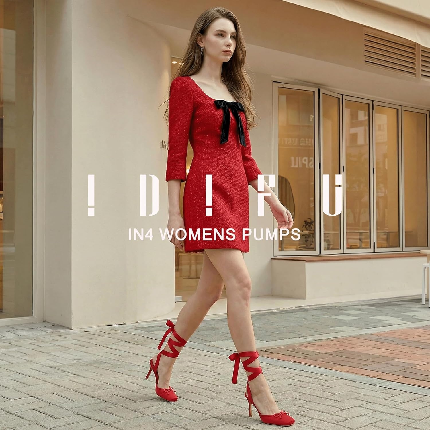 image:imageIDIFU IN4 Ballet Heels Closed Square Toe Bow Ballerina High Heels for Women Lace Up Stiletto Wedding Bridal Dancing Evening Prom Party Shoes Comfortable Sexy Cute Slingback Pumps ShoesRed Suede
