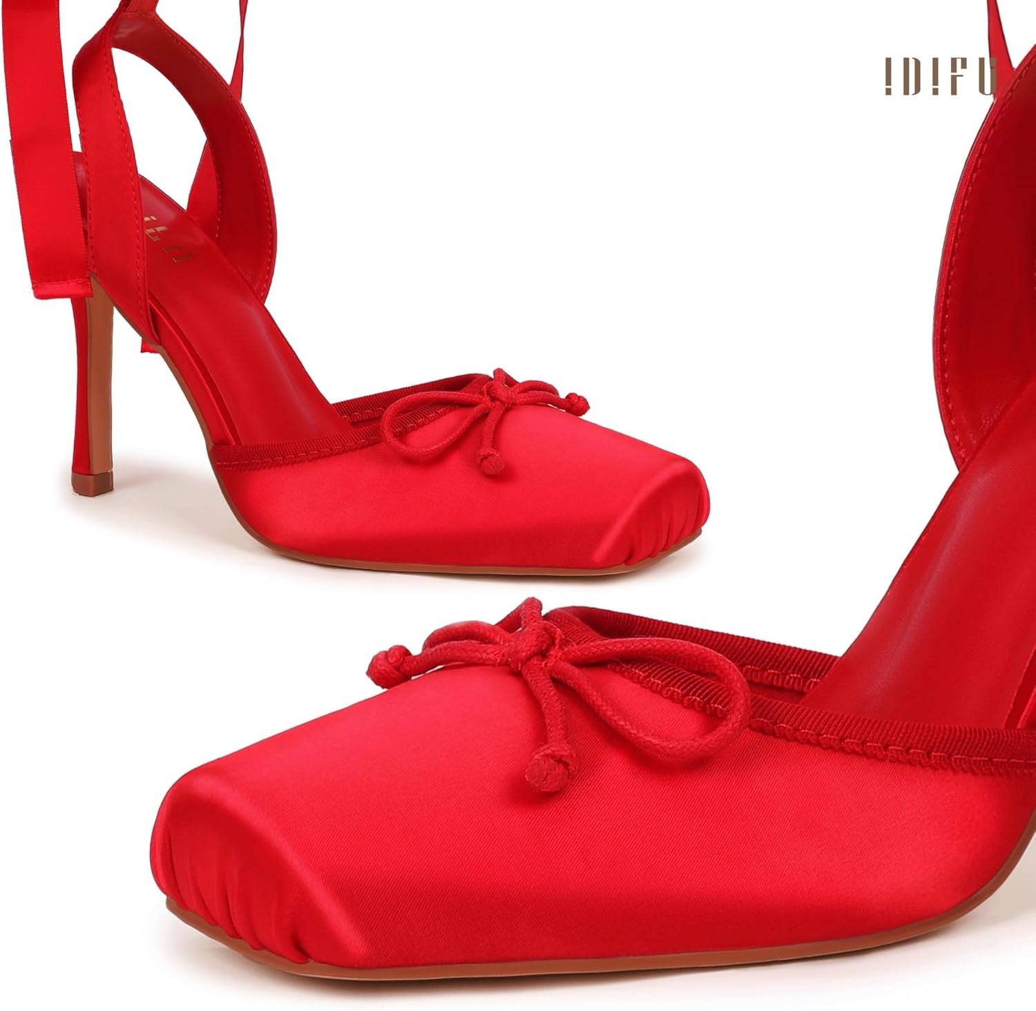image:imageIDIFU IN4 Ballet Heels Closed Square Toe Bow Ballerina High Heels for Women Lace Up Stiletto Wedding Bridal Dancing Evening Prom Party Shoes Comfortable Sexy Cute Slingback Pumps ShoesRed Satin