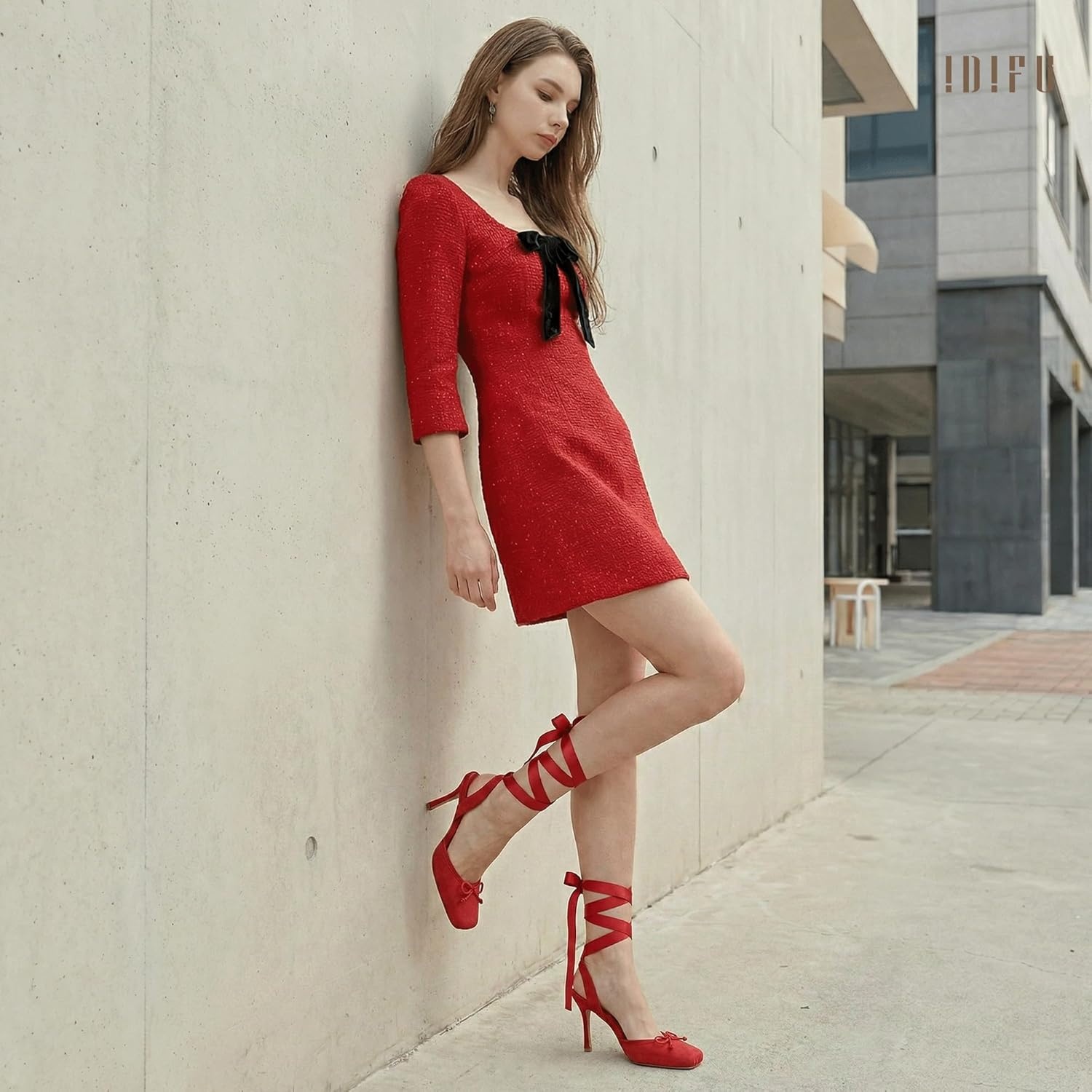 image:imageIDIFU IN4 Ballet Heels Closed Square Toe Bow Ballerina High Heels for Women Lace Up Stiletto Wedding Bridal Dancing Evening Prom Party Shoes Comfortable Sexy Cute Slingback Pumps ShoesRed Suede