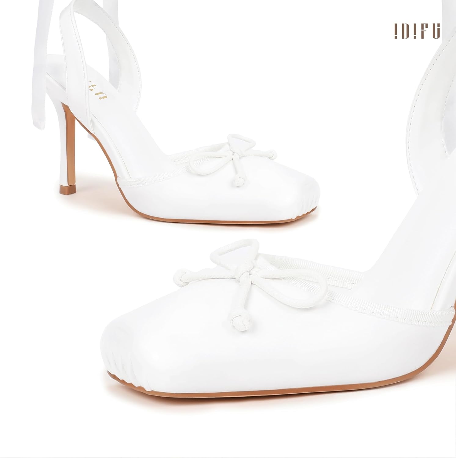 image:imageIDIFU IN4 Ballet Heels Closed Square Toe Bow Ballerina High Heels for Women Lace Up Stiletto Wedding Bridal Dancing Evening Prom Party Shoes Comfortable Sexy Cute Slingback Pumps ShoesWhite Pu