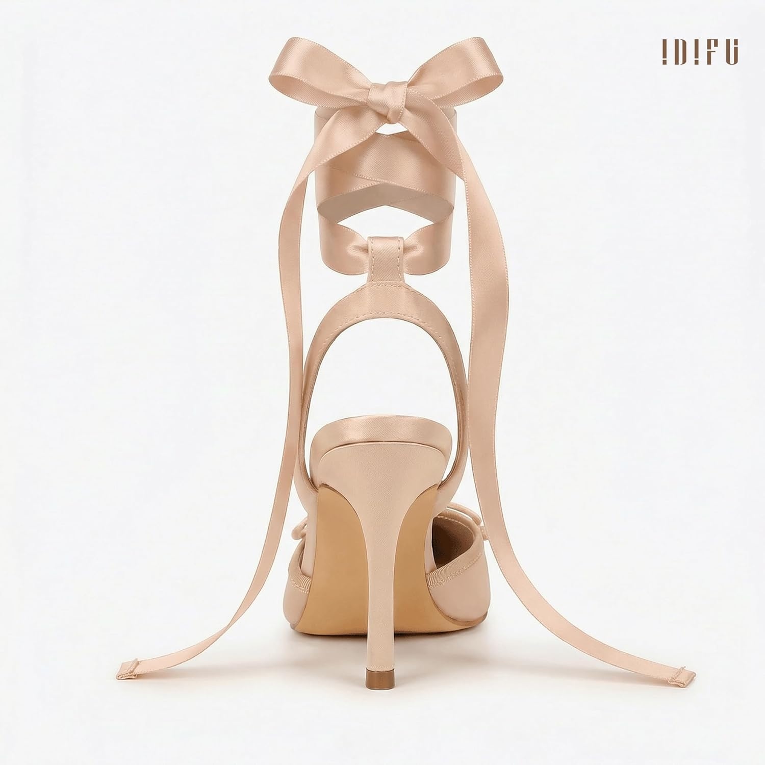 image:imageIDIFU IN4 Ballet Heels Closed Square Toe Bow Ballerina High Heels for Women Lace Up Stiletto Wedding Bridal Dancing Evening Prom Party Shoes Comfortable Sexy Cute Slingback Pumps ShoesNude Satin