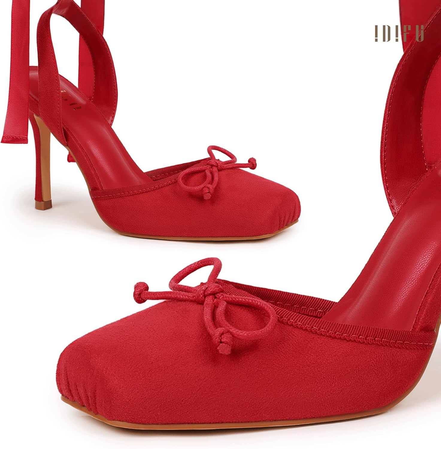 image:imageIDIFU IN4 Ballet Heels Closed Square Toe Bow Ballerina High Heels for Women Lace Up Stiletto Wedding Bridal Dancing Evening Prom Party Shoes Comfortable Sexy Cute Slingback Pumps ShoesRed Suede