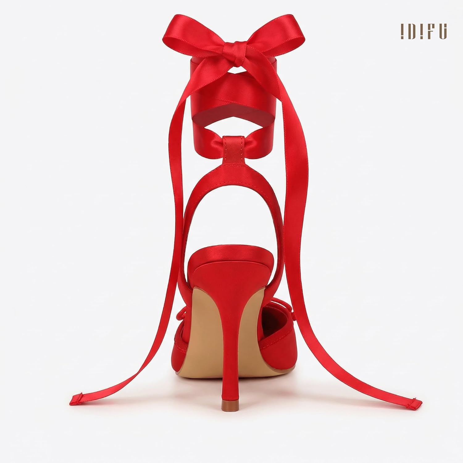 image:imageIDIFU IN4 Ballet Heels Closed Square Toe Bow Ballerina High Heels for Women Lace Up Stiletto Wedding Bridal Dancing Evening Prom Party Shoes Comfortable Sexy Cute Slingback Pumps ShoesRed Satin
