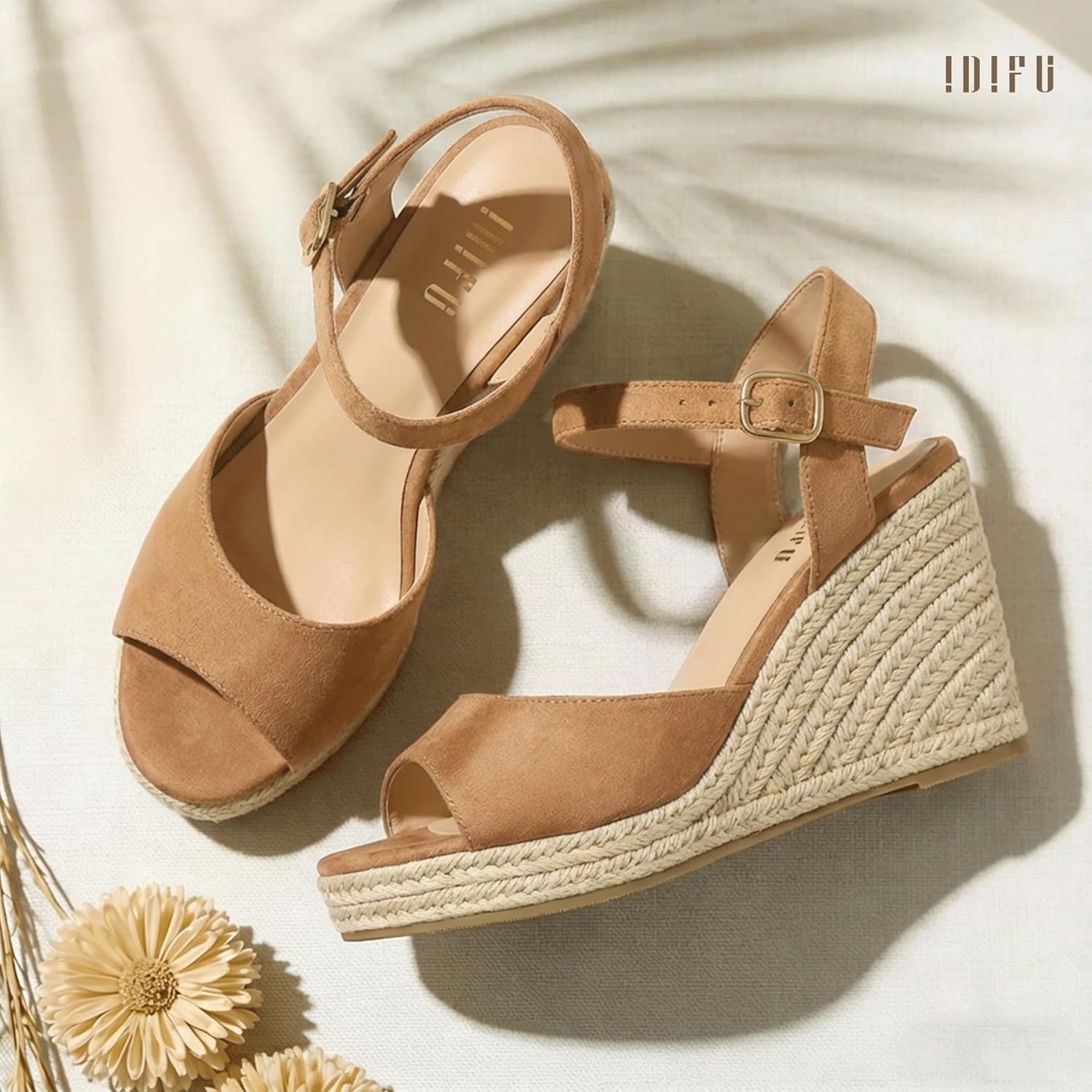image:imageIDIFU IN4 Espadrilles Wedges Sandals for Women Platform Peep Open Toe Slingback Wedge Comfortable Summer Wedding Prom Work Beach Dress High Heel Wedges SandalsKhaki Suede