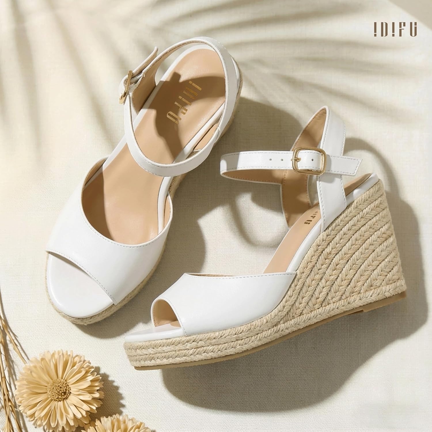 image:imageIDIFU IN4 Espadrilles Wedges Sandals for Women Platform Peep Open Toe Slingback Wedge Comfortable Summer Wedding Prom Work Beach Dress High Heel Wedges SandalsWhite Pu