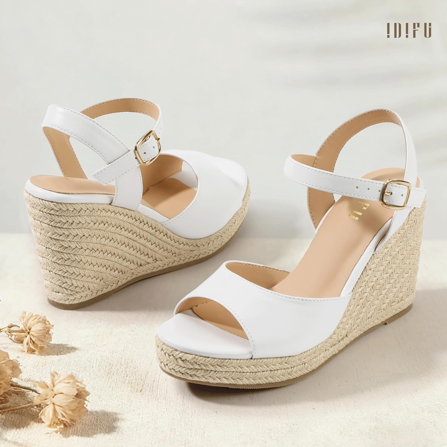 image:imageIDIFU IN4 Espadrilles Wedges Sandals for Women Platform Peep Open Toe Slingback Wedge Comfortable Summer Wedding Prom Work Beach Dress High Heel Wedges SandalsWhite Pu