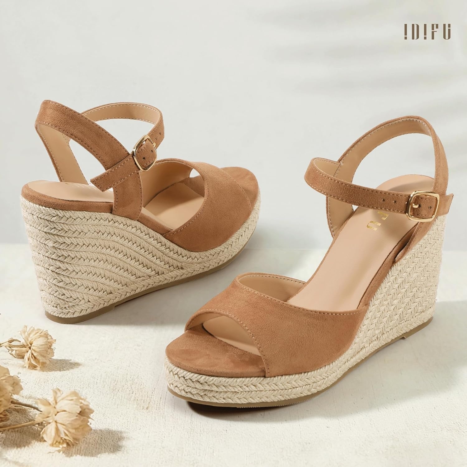 image:imageIDIFU IN4 Espadrilles Wedges Sandals for Women Platform Peep Open Toe Slingback Wedge Comfortable Summer Wedding Prom Work Beach Dress High Heel Wedges SandalsKhaki Suede