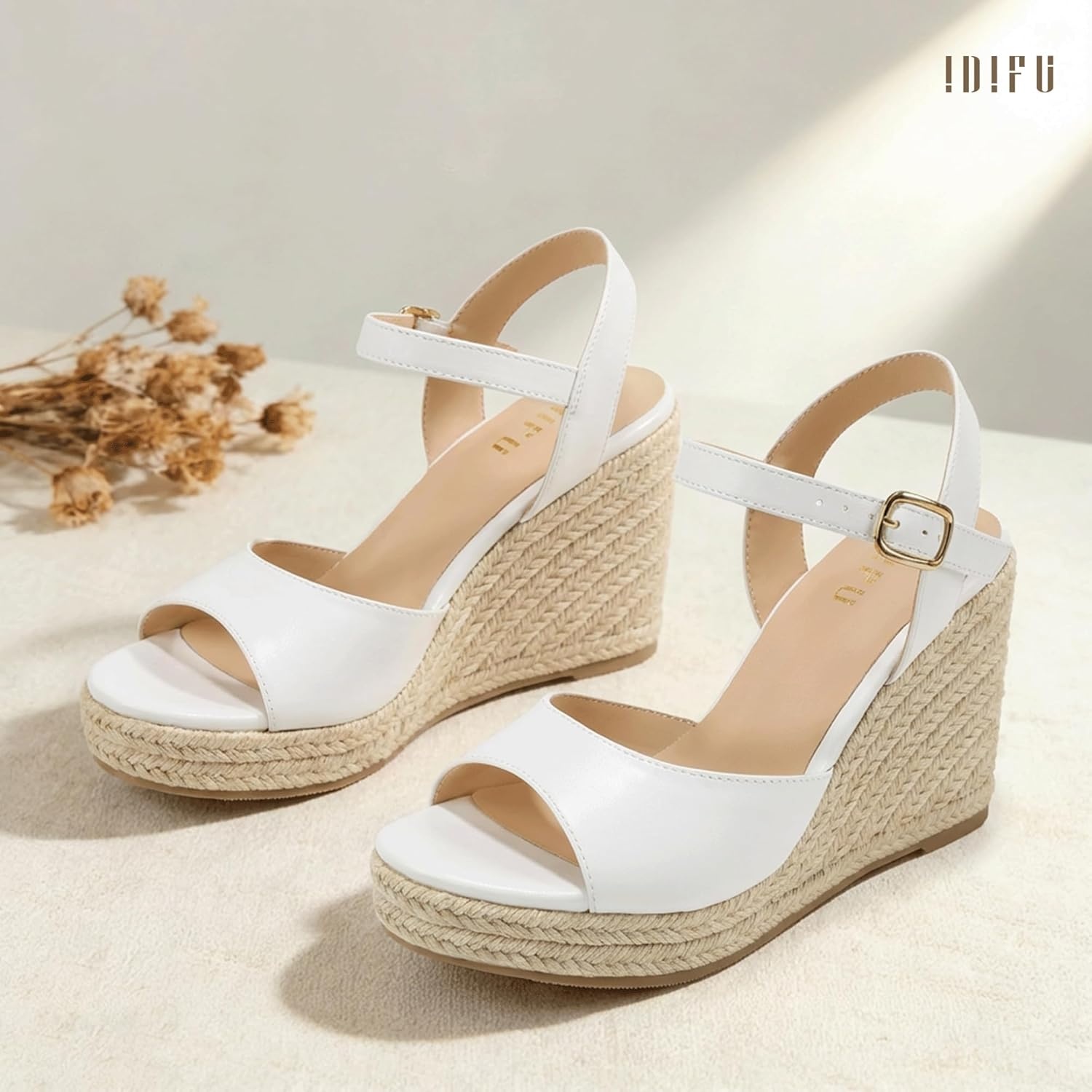 image:imageIDIFU IN4 Espadrilles Wedges Sandals for Women Platform Peep Open Toe Slingback Wedge Comfortable Summer Wedding Prom Work Beach Dress High Heel Wedges SandalsWhite Pu