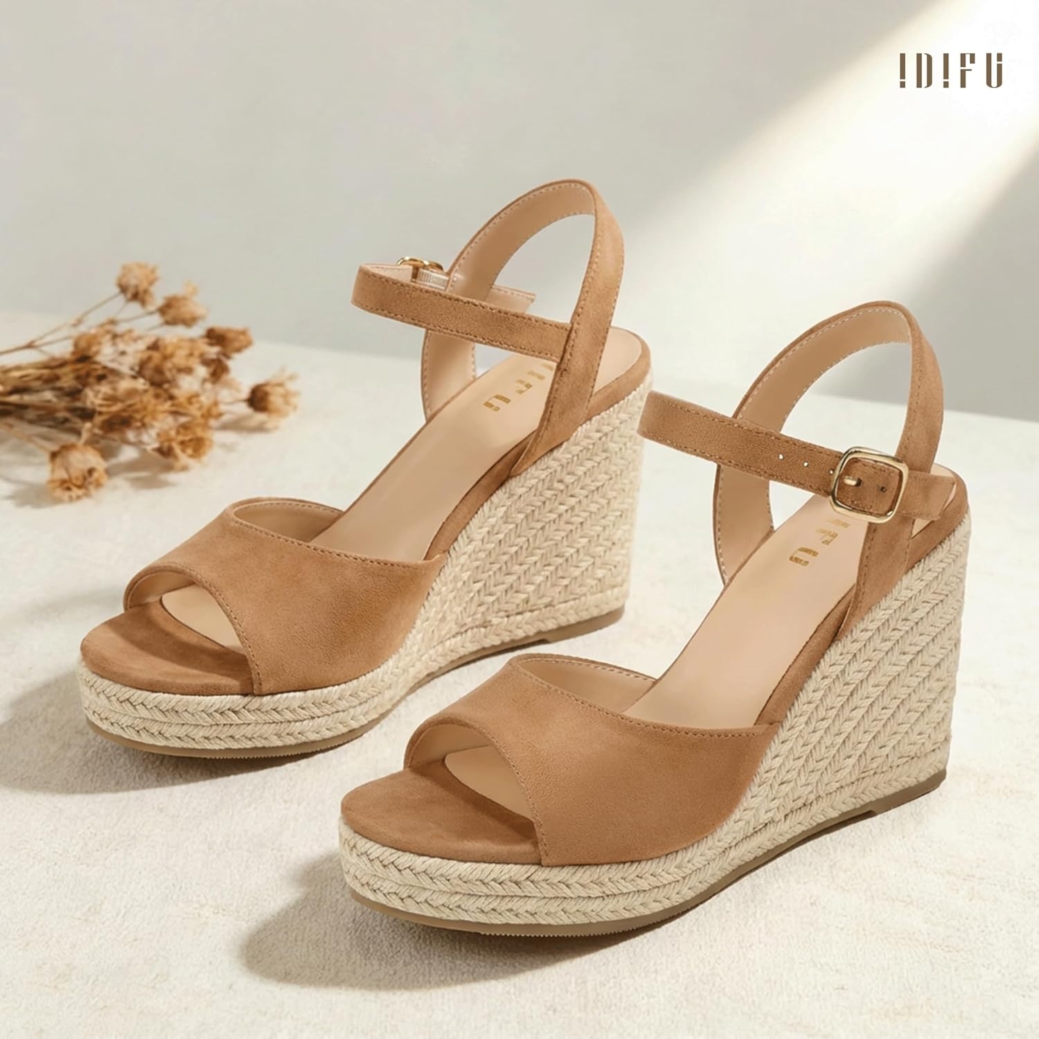 image:imageIDIFU IN4 Espadrilles Wedges Sandals for Women Platform Peep Open Toe Slingback Wedge Comfortable Summer Wedding Prom Work Beach Dress High Heel Wedges SandalsKhaki Suede
