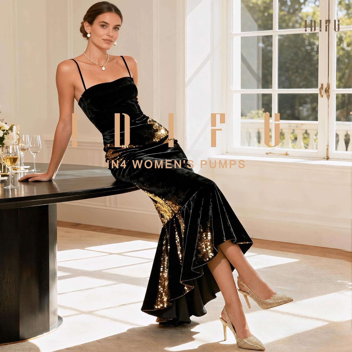 image:imageIDIFU IN4 Sparkly Rhinestone Slingback Heels for Women Pumps Closed Pointed Toe Stiletto High Heels Dress Shoes for Women Sexy Wedding Bridal Prom Office Work Pumps ShoesGold Rhinestone