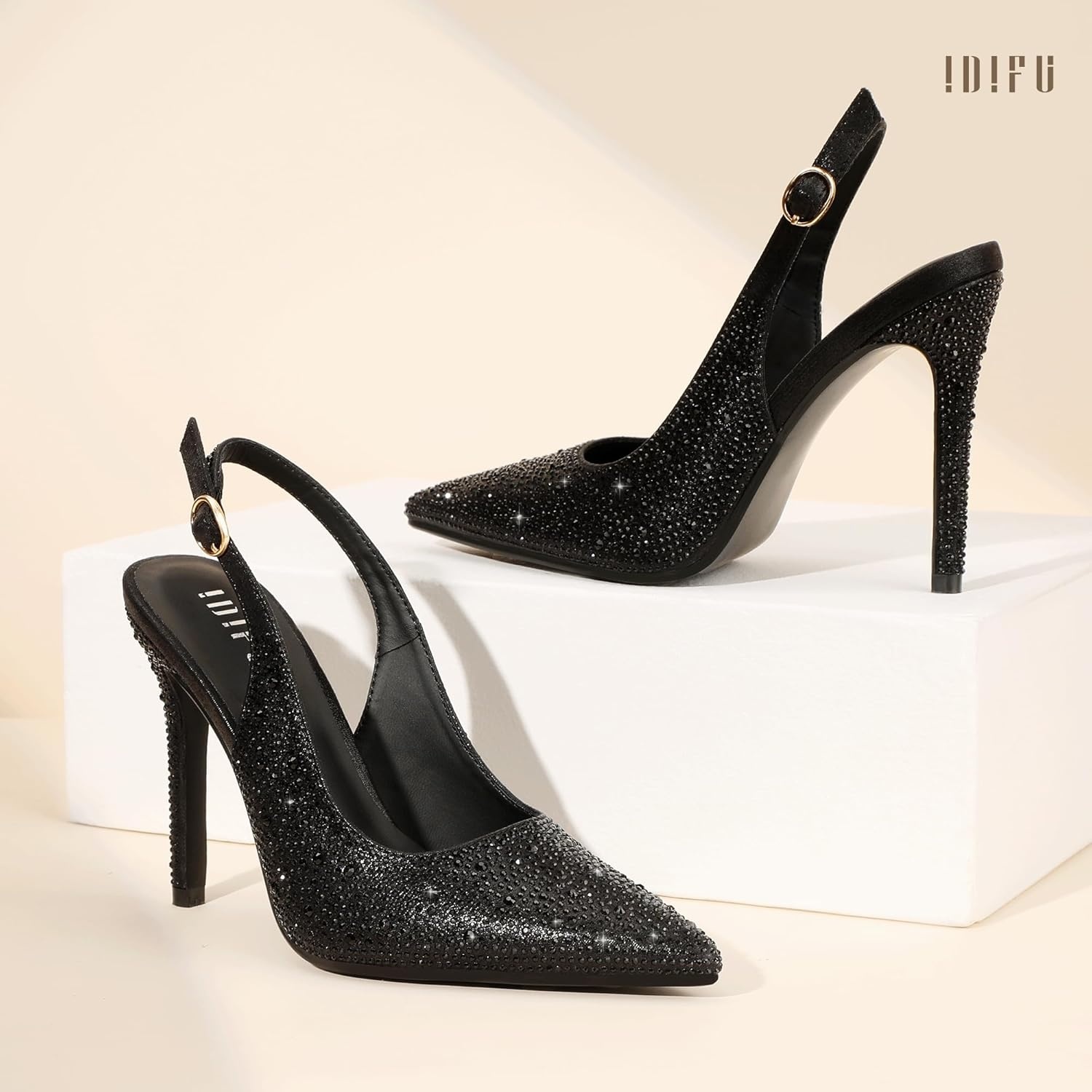 image:imageIDIFU IN4 Sparkly Rhinestone Slingback Heels for Women Pumps Closed Pointed Toe Stiletto High Heels Dress Shoes for Women Sexy Wedding Bridal Prom Office Work Pumps ShoesBlack Rhinestone