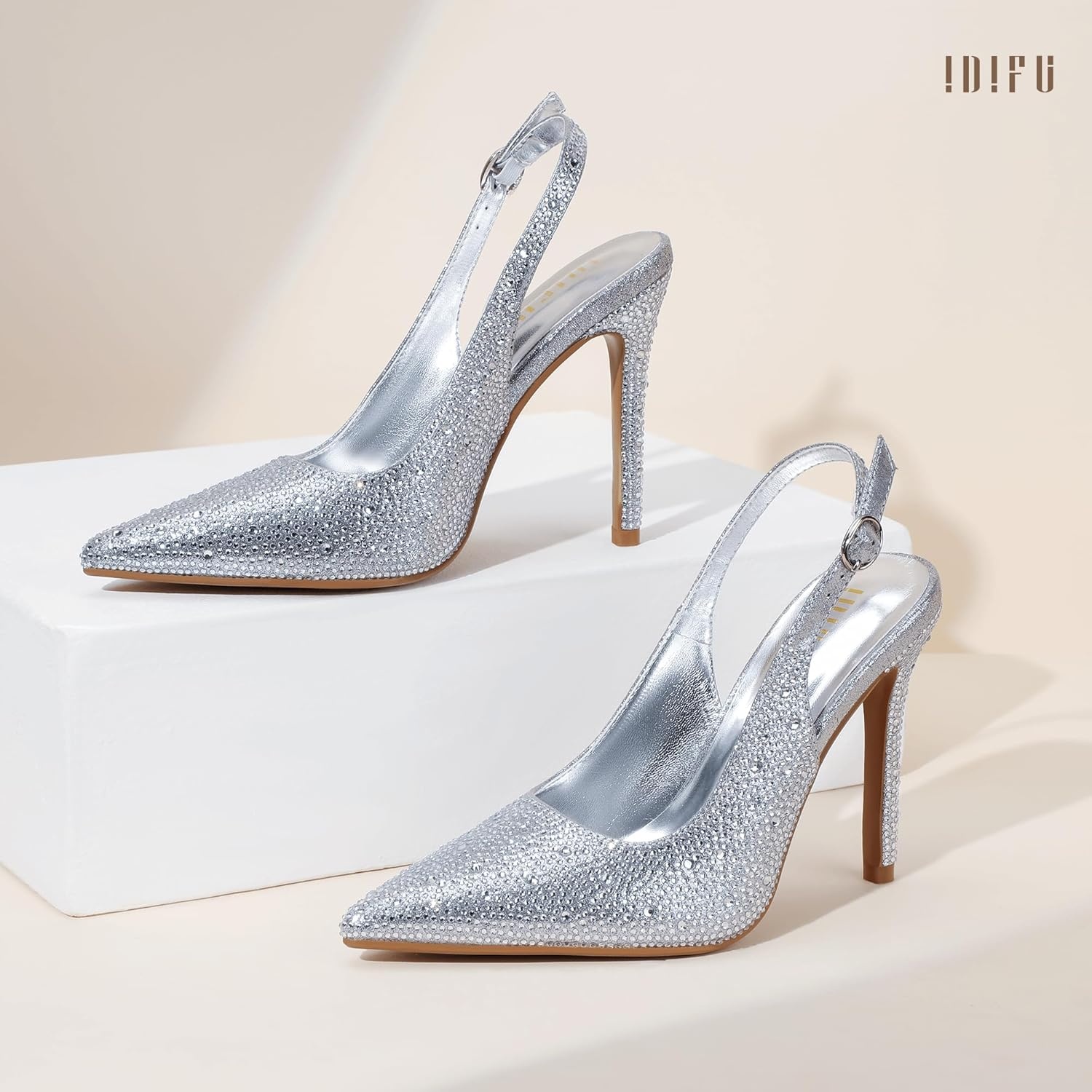 image:imageIDIFU IN4 Sparkly Rhinestone Slingback Heels for Women Pumps Closed Pointed Toe Stiletto High Heels Dress Shoes for Women Sexy Wedding Bridal Prom Office Work Pumps ShoesSilver Rhinestone