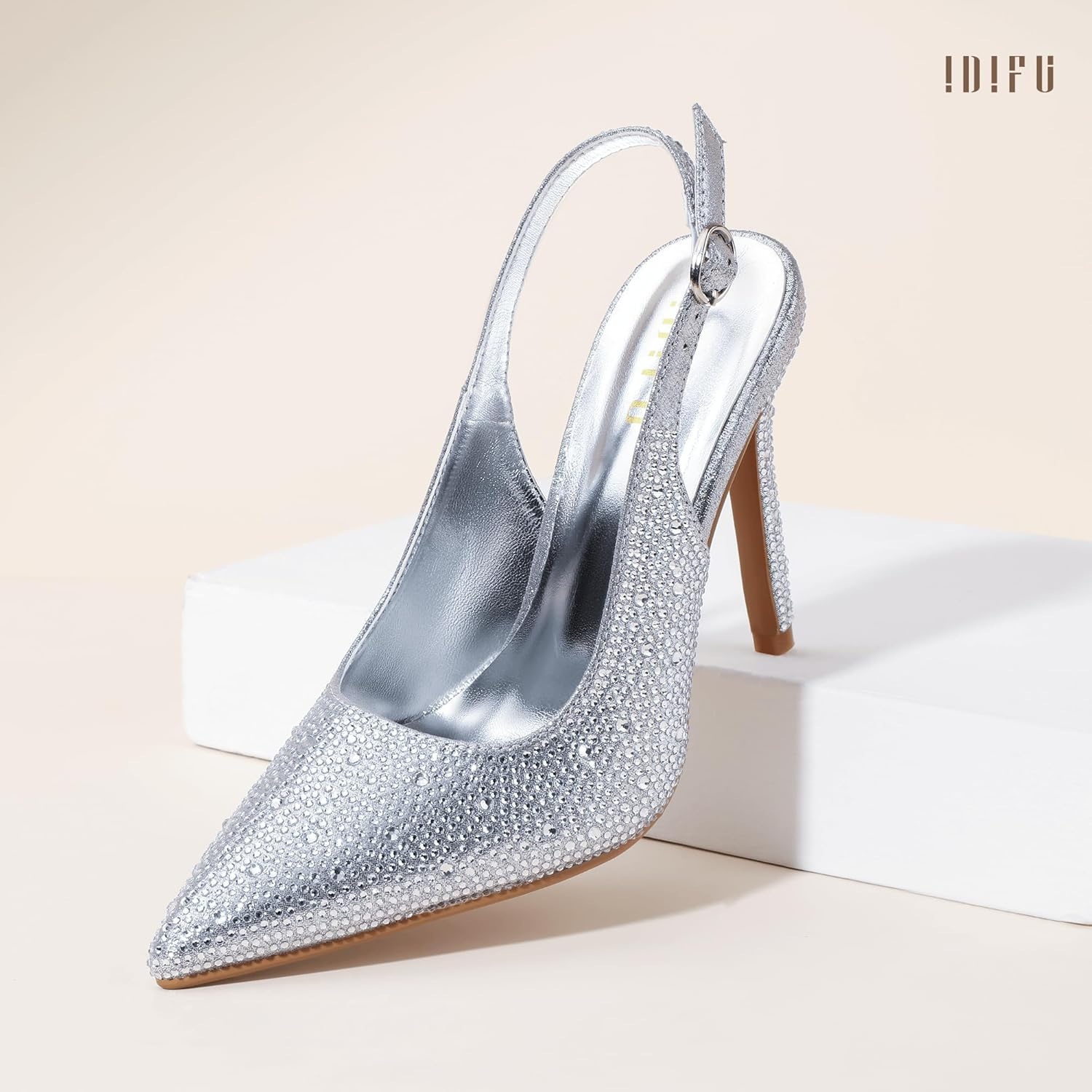 image:imageIDIFU IN4 Sparkly Rhinestone Slingback Heels for Women Pumps Closed Pointed Toe Stiletto High Heels Dress Shoes for Women Sexy Wedding Bridal Prom Office Work Pumps ShoesSilver Rhinestone