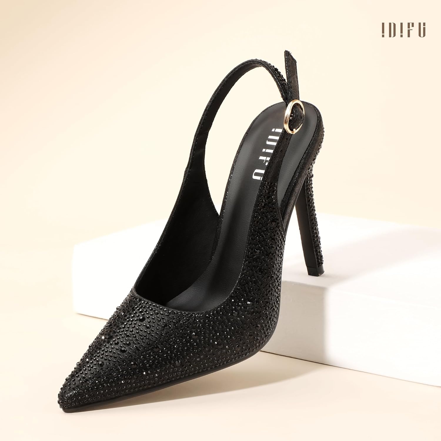 image:imageIDIFU IN4 Sparkly Rhinestone Slingback Heels for Women Pumps Closed Pointed Toe Stiletto High Heels Dress Shoes for Women Sexy Wedding Bridal Prom Office Work Pumps ShoesBlack Rhinestone