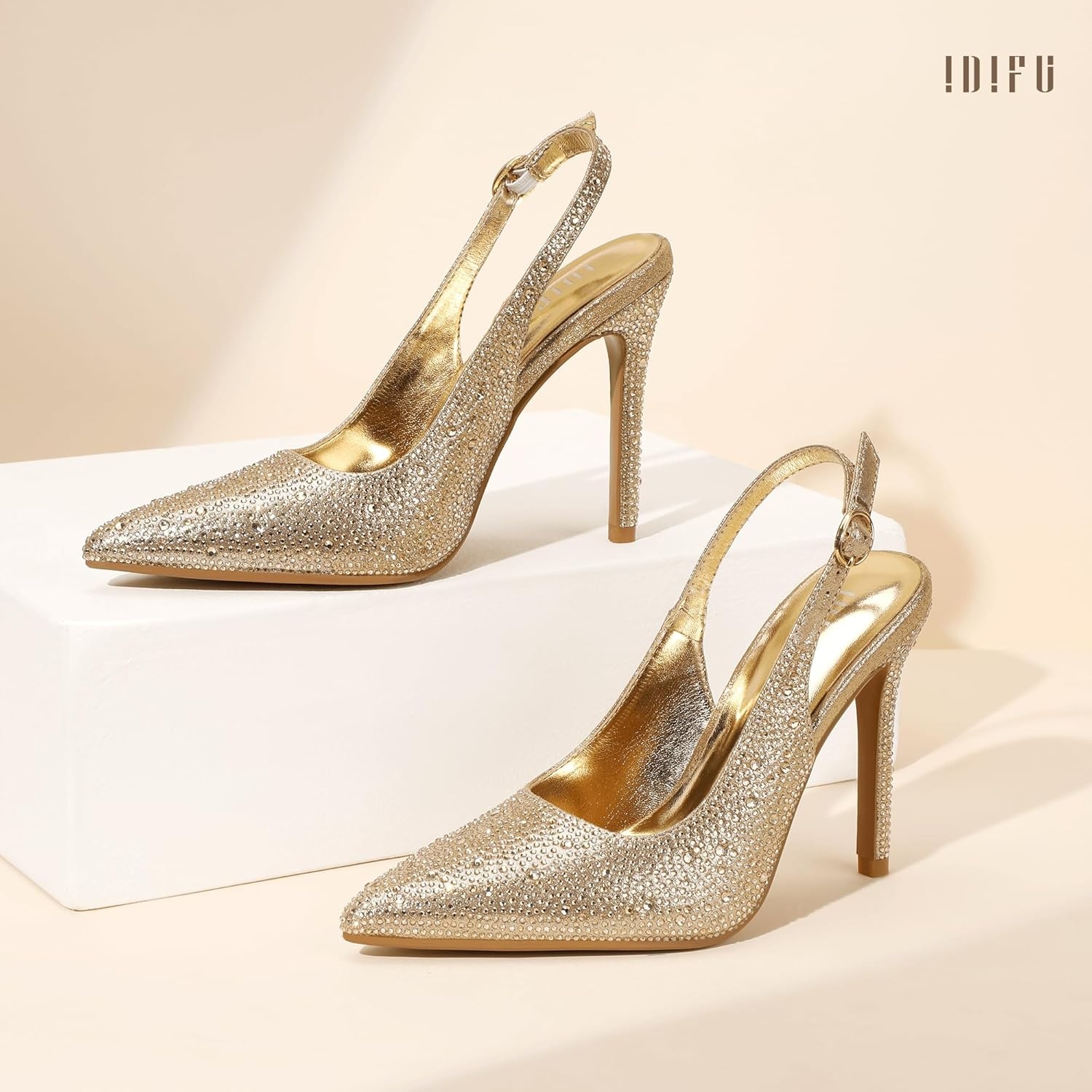 image:imageIDIFU IN4 Sparkly Rhinestone Slingback Heels for Women Pumps Closed Pointed Toe Stiletto High Heels Dress Shoes for Women Sexy Wedding Bridal Prom Office Work Pumps ShoesGold Rhinestone