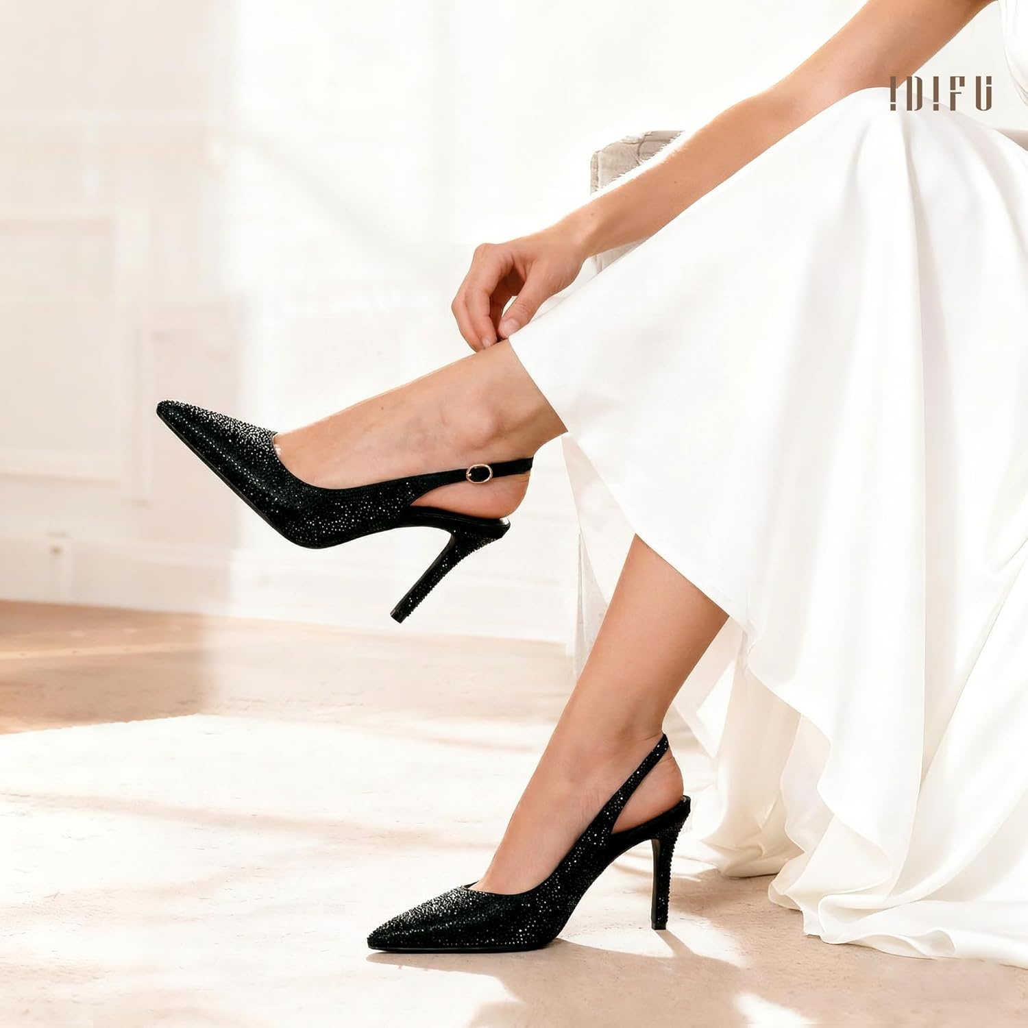 image:imageIDIFU IN4 Sparkly Rhinestone Slingback Heels for Women Pumps Closed Pointed Toe Stiletto High Heels Dress Shoes for Women Sexy Wedding Bridal Prom Office Work Pumps ShoesBlack Rhinestone