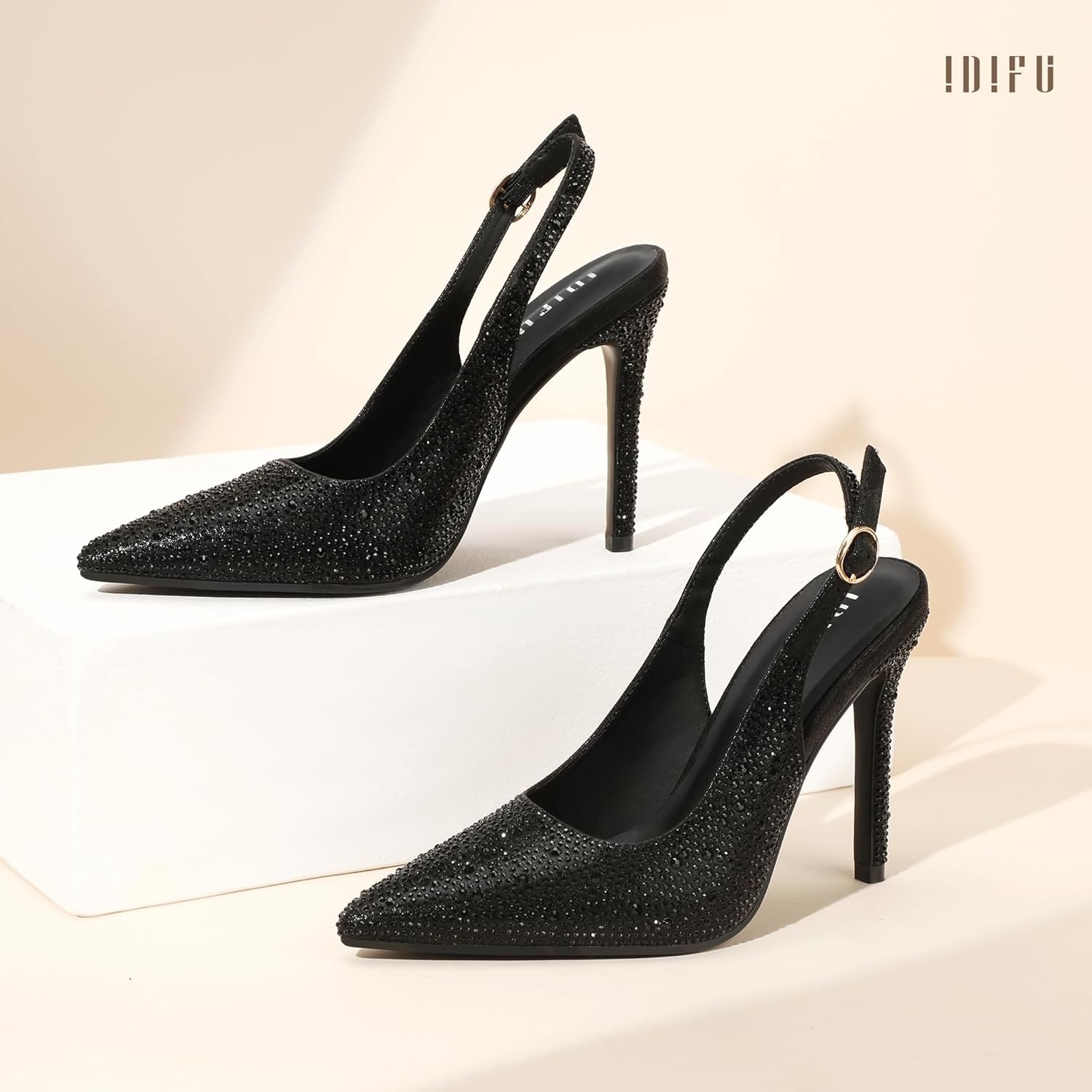 image:imageIDIFU IN4 Sparkly Rhinestone Slingback Heels for Women Pumps Closed Pointed Toe Stiletto High Heels Dress Shoes for Women Sexy Wedding Bridal Prom Office Work Pumps ShoesBlack Rhinestone