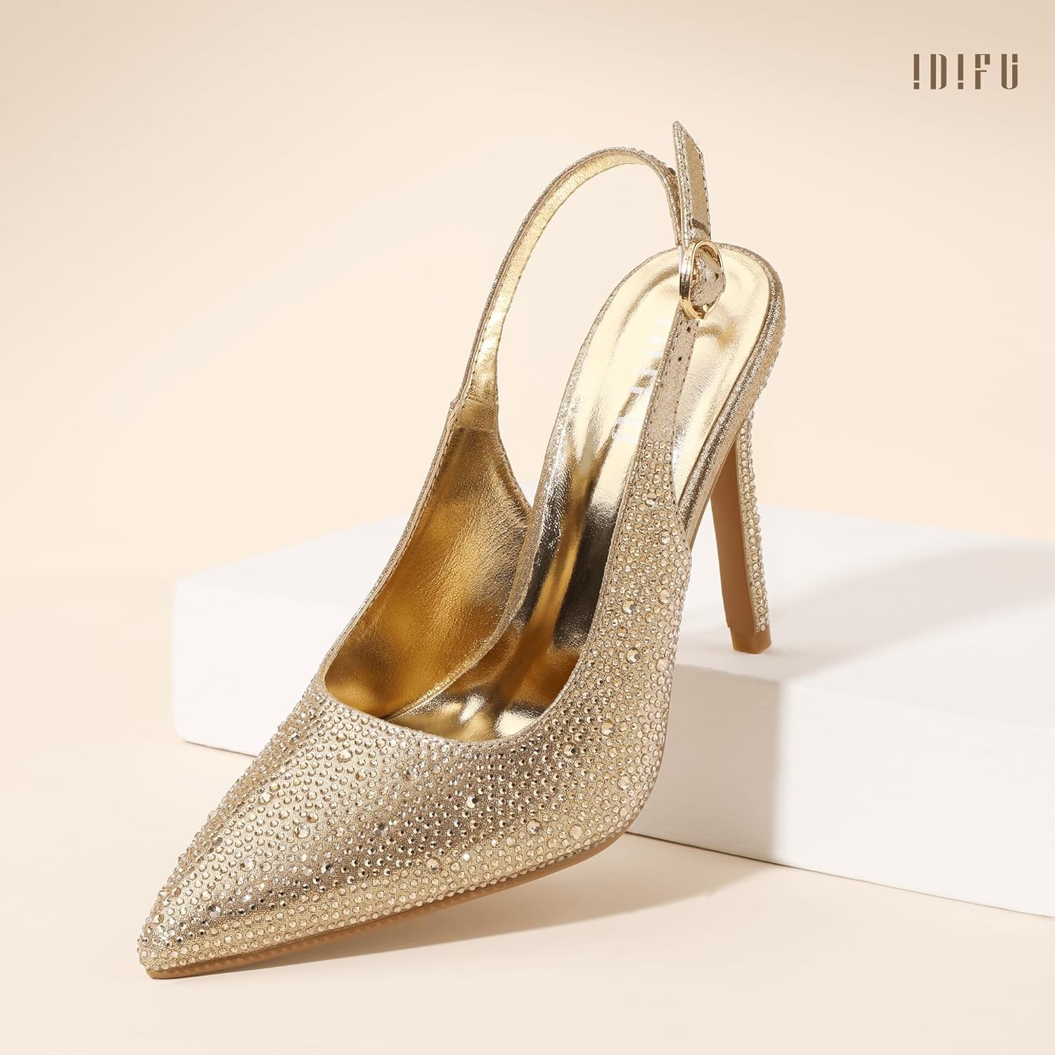image:imageIDIFU IN4 Sparkly Rhinestone Slingback Heels for Women Pumps Closed Pointed Toe Stiletto High Heels Dress Shoes for Women Sexy Wedding Bridal Prom Office Work Pumps ShoesGold Rhinestone