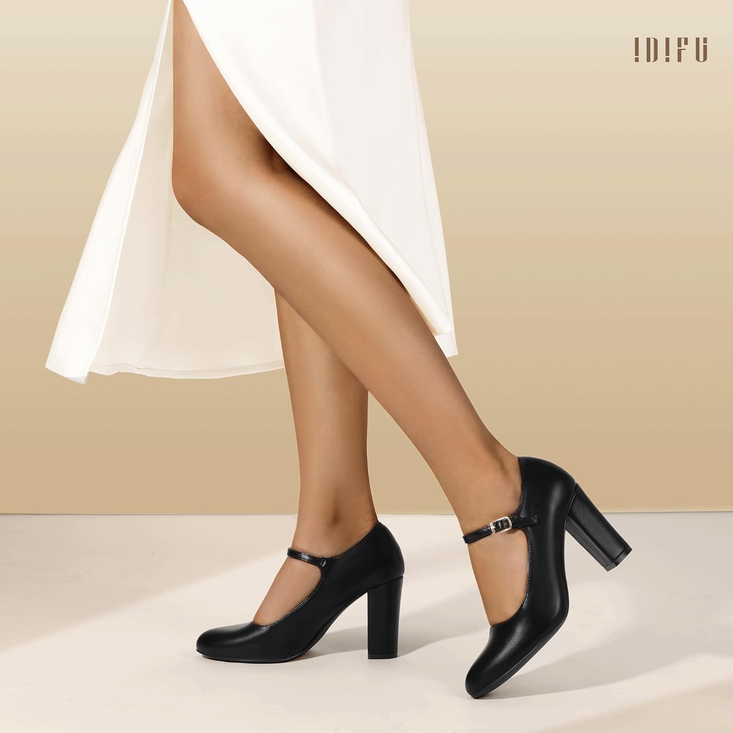 image:imageIDIFU IN4 Womens Pumps Mary Jane Dress Shoes for Women Closed Toe Heels High Chunky Block Heels Dressy Wedding Bride Prom Graduation Business Heels Comfortable Formal Vintage Round Toe Pumps ShoesBlack Pu