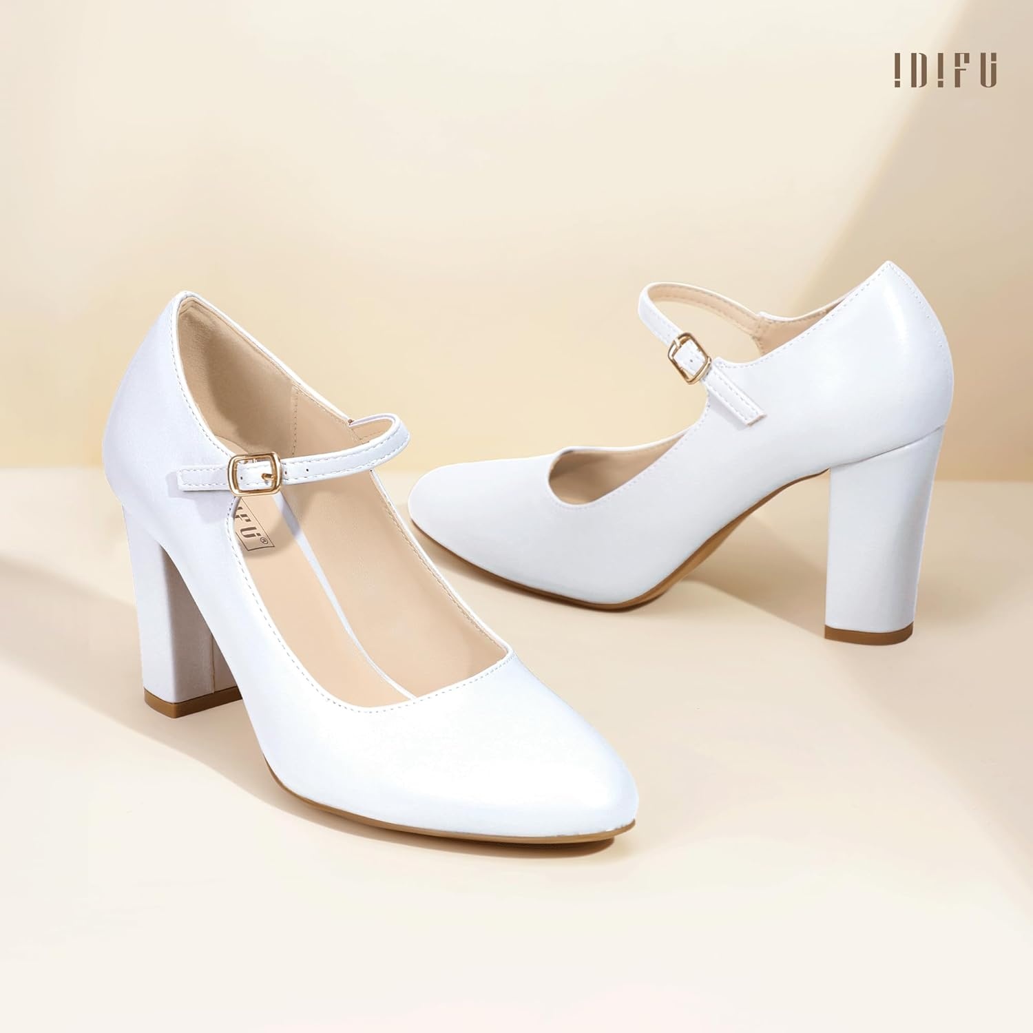image:imageIDIFU IN4 Womens Pumps Mary Jane Dress Shoes for Women Closed Toe Heels High Chunky Block Heels Dressy Wedding Bride Prom Graduation Business Heels Comfortable Formal Vintage Round Toe Pumps ShoesWhite Pu