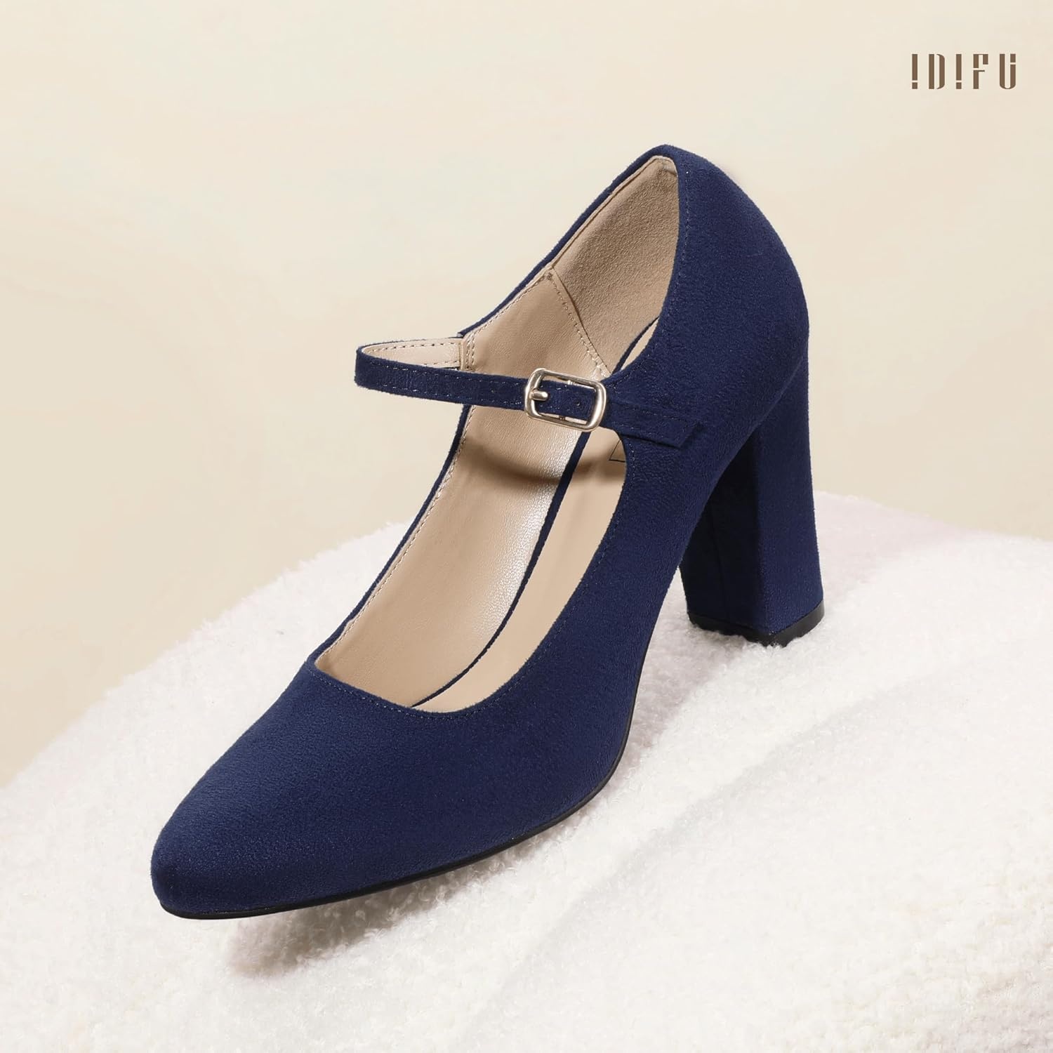 image:imageIDIFU IN4 Womens Pumps Mary Jane Dress Shoes for Women Closed Toe Heels High Chunky Block Heels Dressy Wedding Bride Prom Graduation Business Heels Comfortable Formal Vintage Round Toe Pumps ShoesNavy Blue Suede