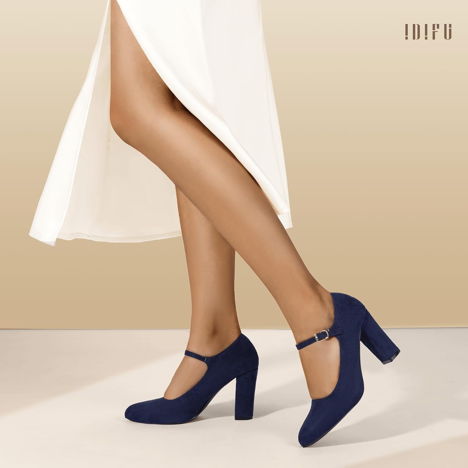 image:imageIDIFU IN4 Womens Pumps Mary Jane Dress Shoes for Women Closed Toe Heels High Chunky Block Heels Dressy Wedding Bride Prom Graduation Business Heels Comfortable Formal Vintage Round Toe Pumps ShoesNavy Blue Suede