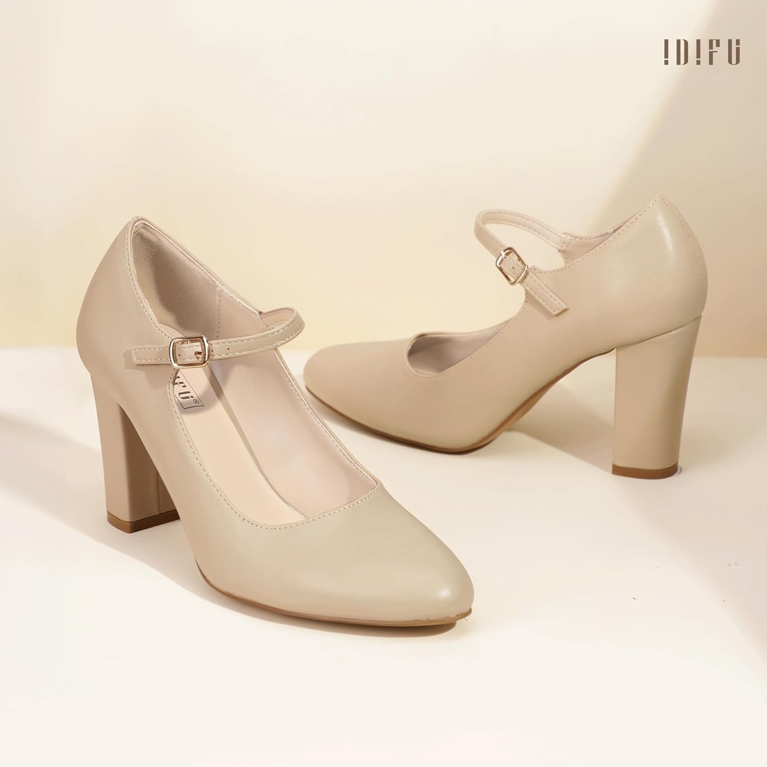 image:imageIDIFU IN4 Womens Pumps Mary Jane Dress Shoes for Women Closed Toe Heels High Chunky Block Heels Dressy Wedding Bride Prom Graduation Business Heels Comfortable Formal Vintage Round Toe Pumps ShoesNude Pu