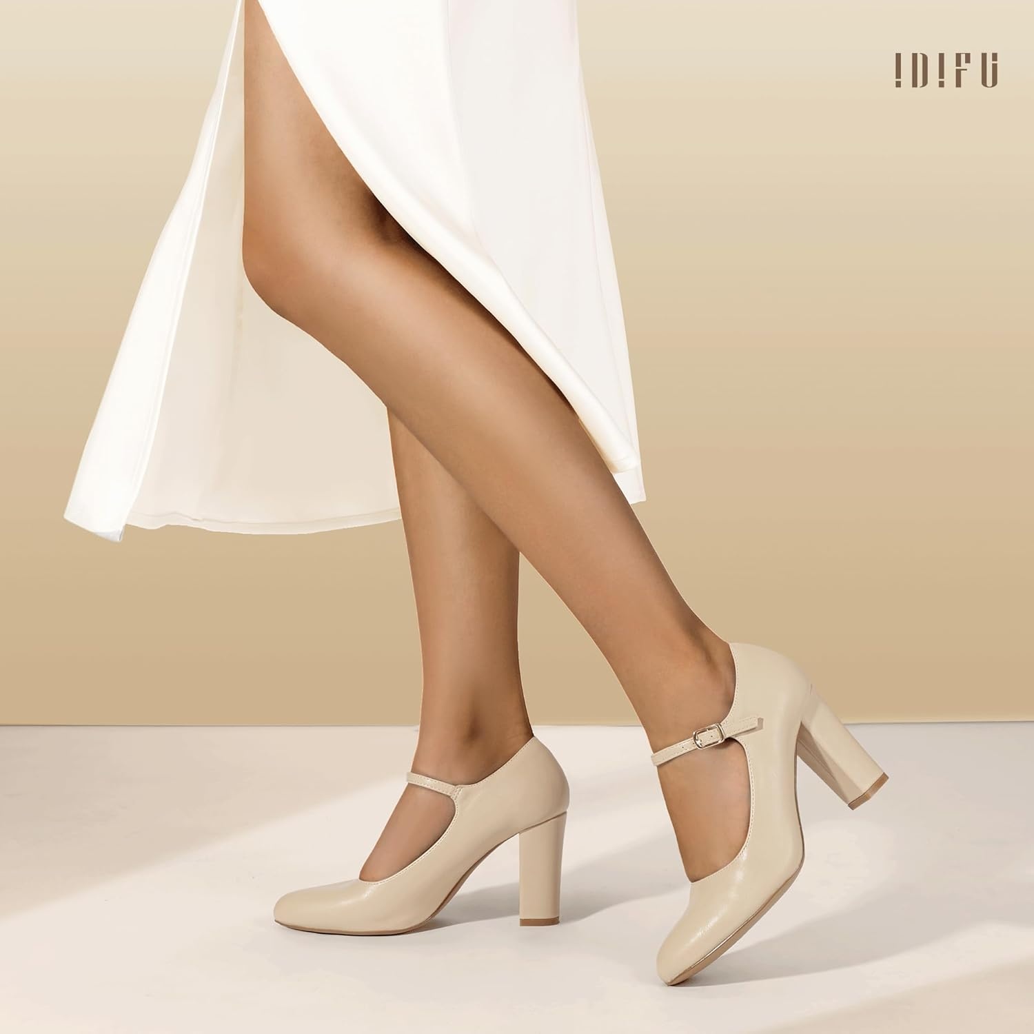 image:imageIDIFU IN4 Womens Pumps Mary Jane Dress Shoes for Women Closed Toe Heels High Chunky Block Heels Dressy Wedding Bride Prom Graduation Business Heels Comfortable Formal Vintage Round Toe Pumps ShoesNude Pu