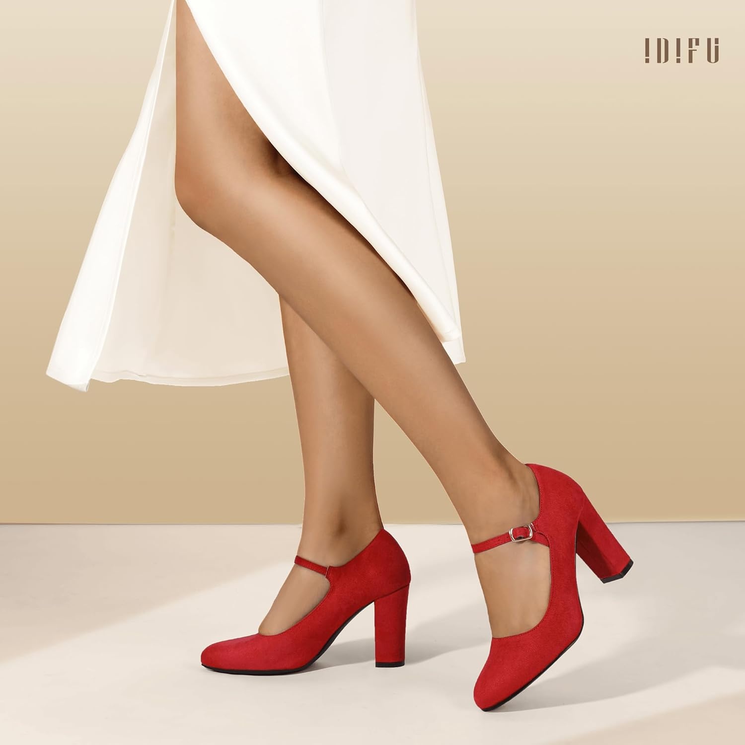 image:imageIDIFU IN4 Womens Pumps Mary Jane Dress Shoes for Women Closed Toe Heels High Chunky Block Heels Dressy Wedding Bride Prom Graduation Business Heels Comfortable Formal Vintage Round Toe Pumps ShoesRed Suede