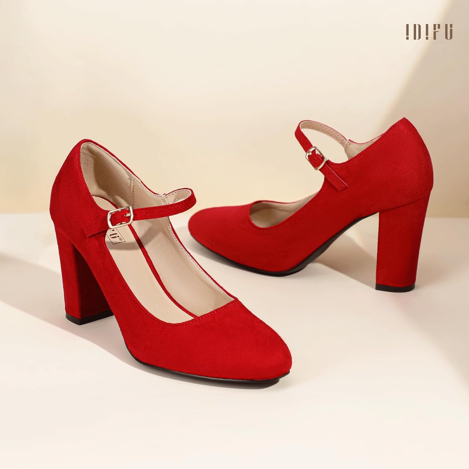 image:imageIDIFU IN4 Womens Pumps Mary Jane Dress Shoes for Women Closed Toe Heels High Chunky Block Heels Dressy Wedding Bride Prom Graduation Business Heels Comfortable Formal Vintage Round Toe Pumps ShoesRed Suede