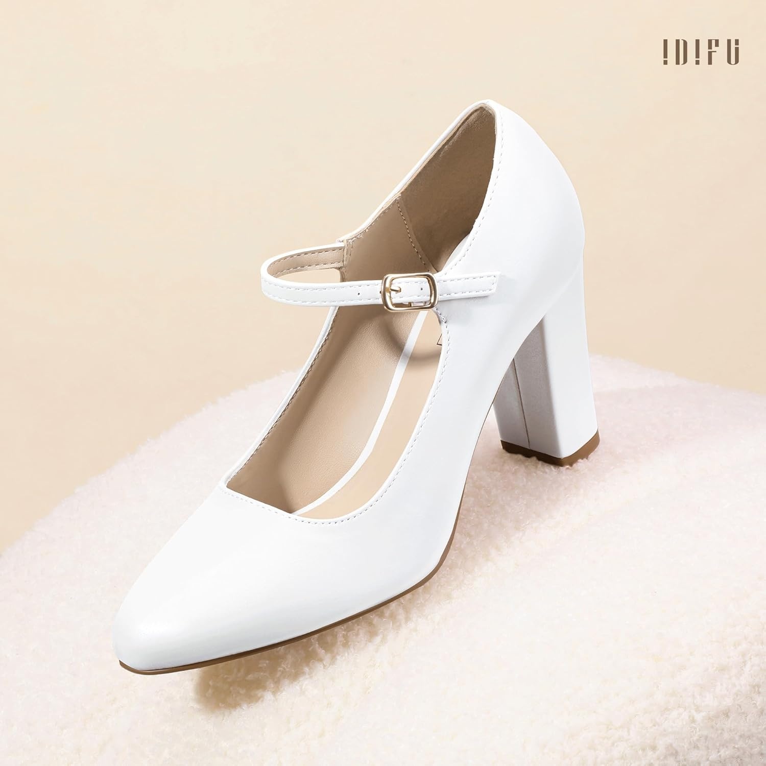 image:imageIDIFU IN4 Womens Pumps Mary Jane Dress Shoes for Women Closed Toe Heels High Chunky Block Heels Dressy Wedding Bride Prom Graduation Business Heels Comfortable Formal Vintage Round Toe Pumps ShoesWhite Pu