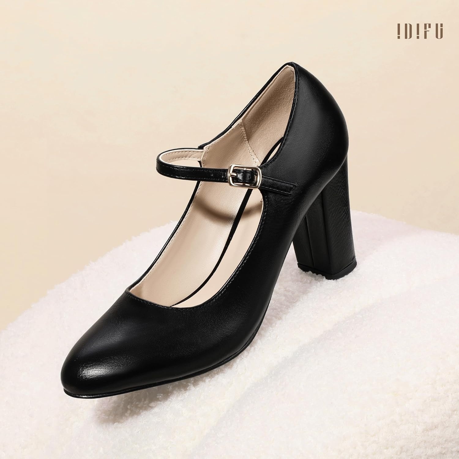 image:imageIDIFU IN4 Womens Pumps Mary Jane Dress Shoes for Women Closed Toe Heels High Chunky Block Heels Dressy Wedding Bride Prom Graduation Business Heels Comfortable Formal Vintage Round Toe Pumps ShoesBlack Pu