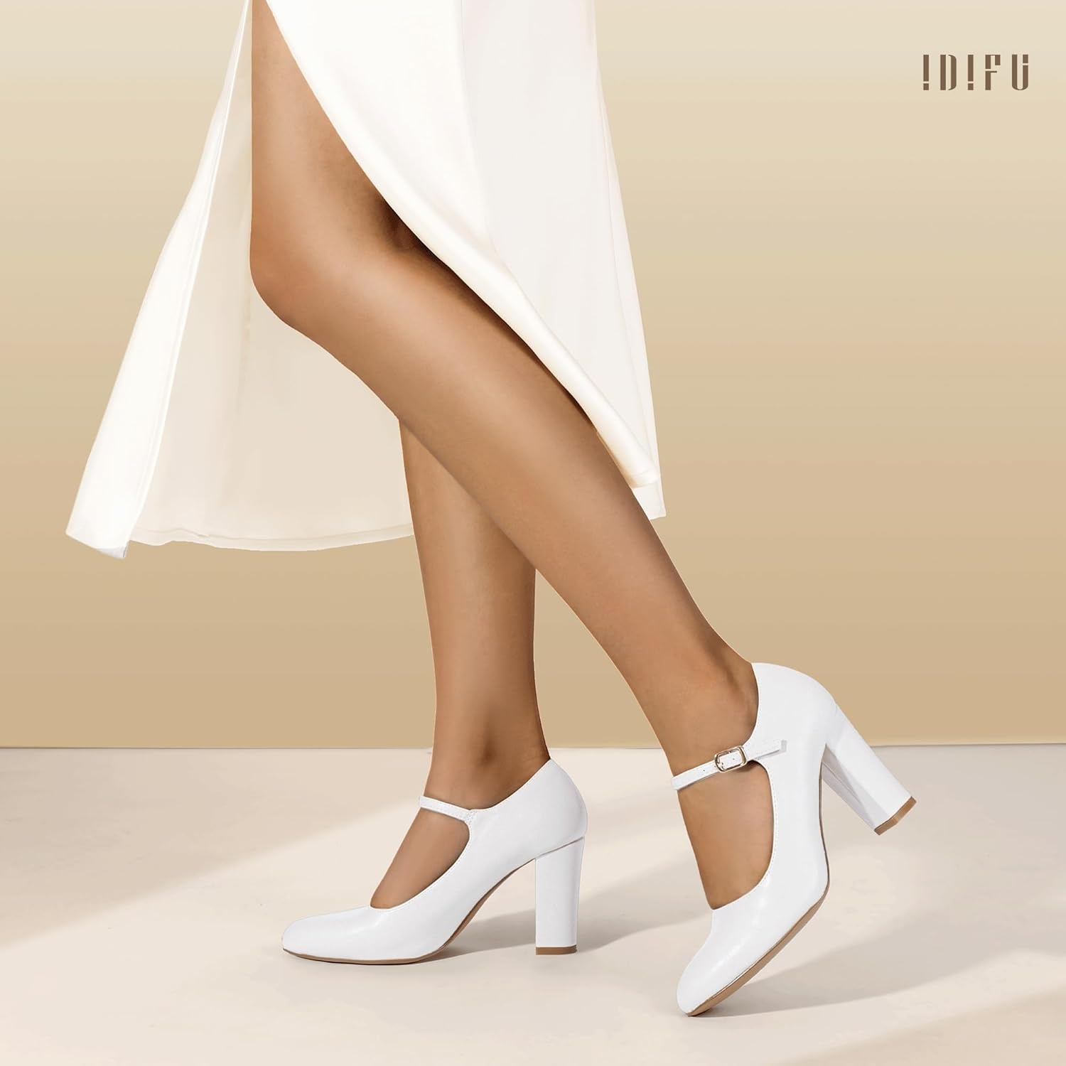 image:imageIDIFU IN4 Womens Pumps Mary Jane Dress Shoes for Women Closed Toe Heels High Chunky Block Heels Dressy Wedding Bride Prom Graduation Business Heels Comfortable Formal Vintage Round Toe Pumps ShoesWhite Pu