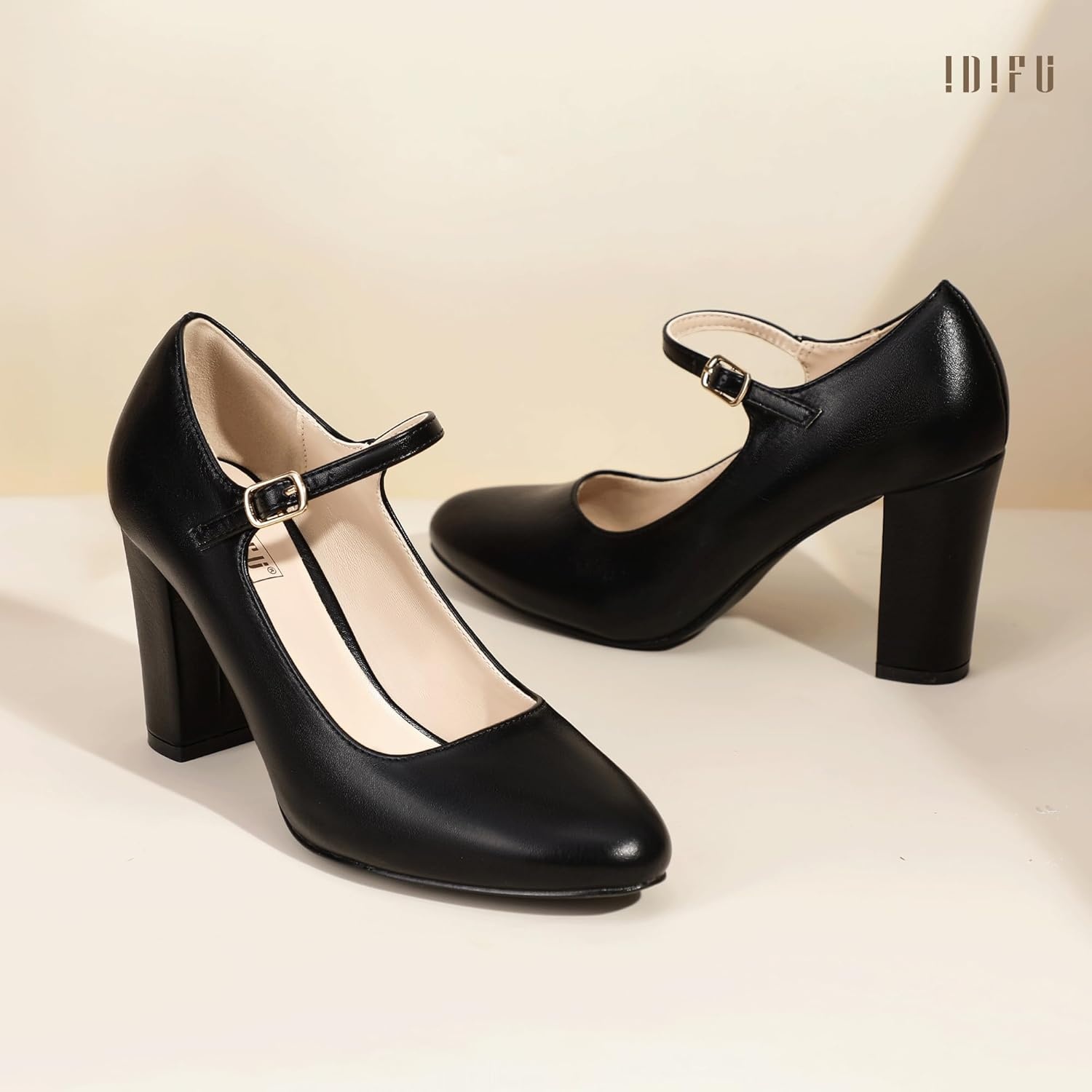 image:imageIDIFU IN4 Womens Pumps Mary Jane Dress Shoes for Women Closed Toe Heels High Chunky Block Heels Dressy Wedding Bride Prom Graduation Business Heels Comfortable Formal Vintage Round Toe Pumps ShoesBlack Pu