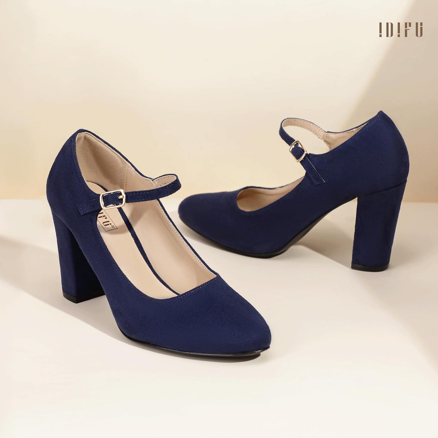 image:imageIDIFU IN4 Womens Pumps Mary Jane Dress Shoes for Women Closed Toe Heels High Chunky Block Heels Dressy Wedding Bride Prom Graduation Business Heels Comfortable Formal Vintage Round Toe Pumps ShoesNavy Blue Suede