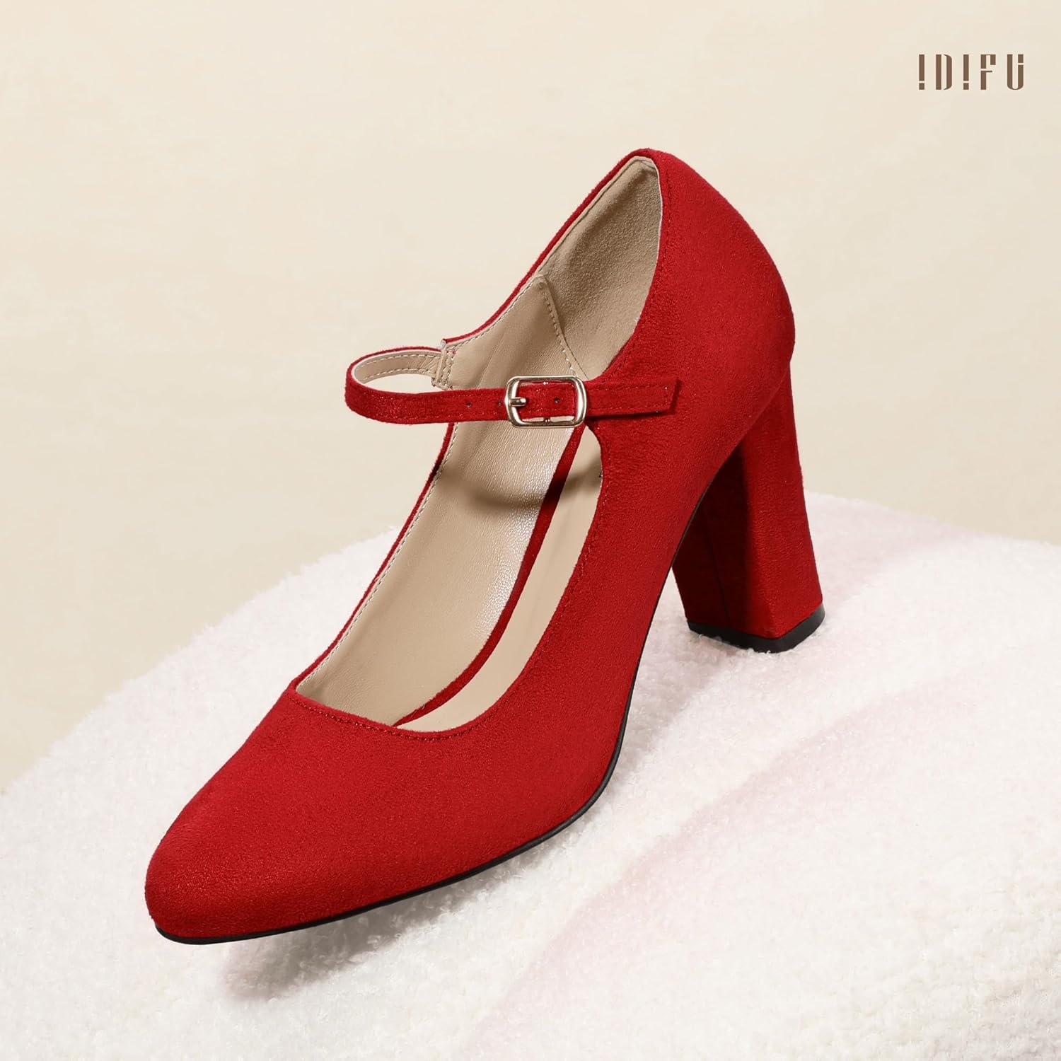 image:imageIDIFU IN4 Womens Pumps Mary Jane Dress Shoes for Women Closed Toe Heels High Chunky Block Heels Dressy Wedding Bride Prom Graduation Business Heels Comfortable Formal Vintage Round Toe Pumps ShoesRed Suede