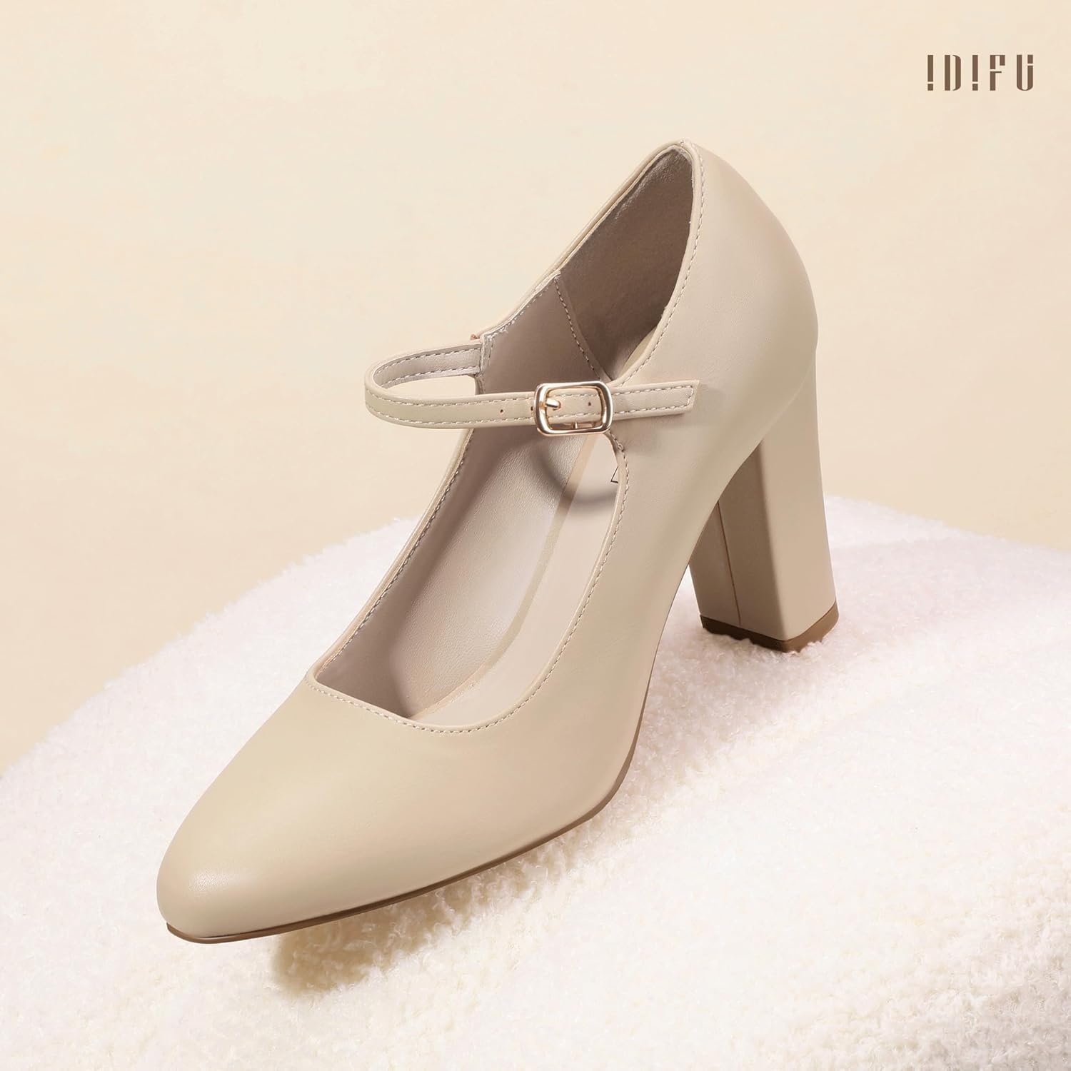 image:imageIDIFU IN4 Womens Pumps Mary Jane Dress Shoes for Women Closed Toe Heels High Chunky Block Heels Dressy Wedding Bride Prom Graduation Business Heels Comfortable Formal Vintage Round Toe Pumps ShoesNude Pu