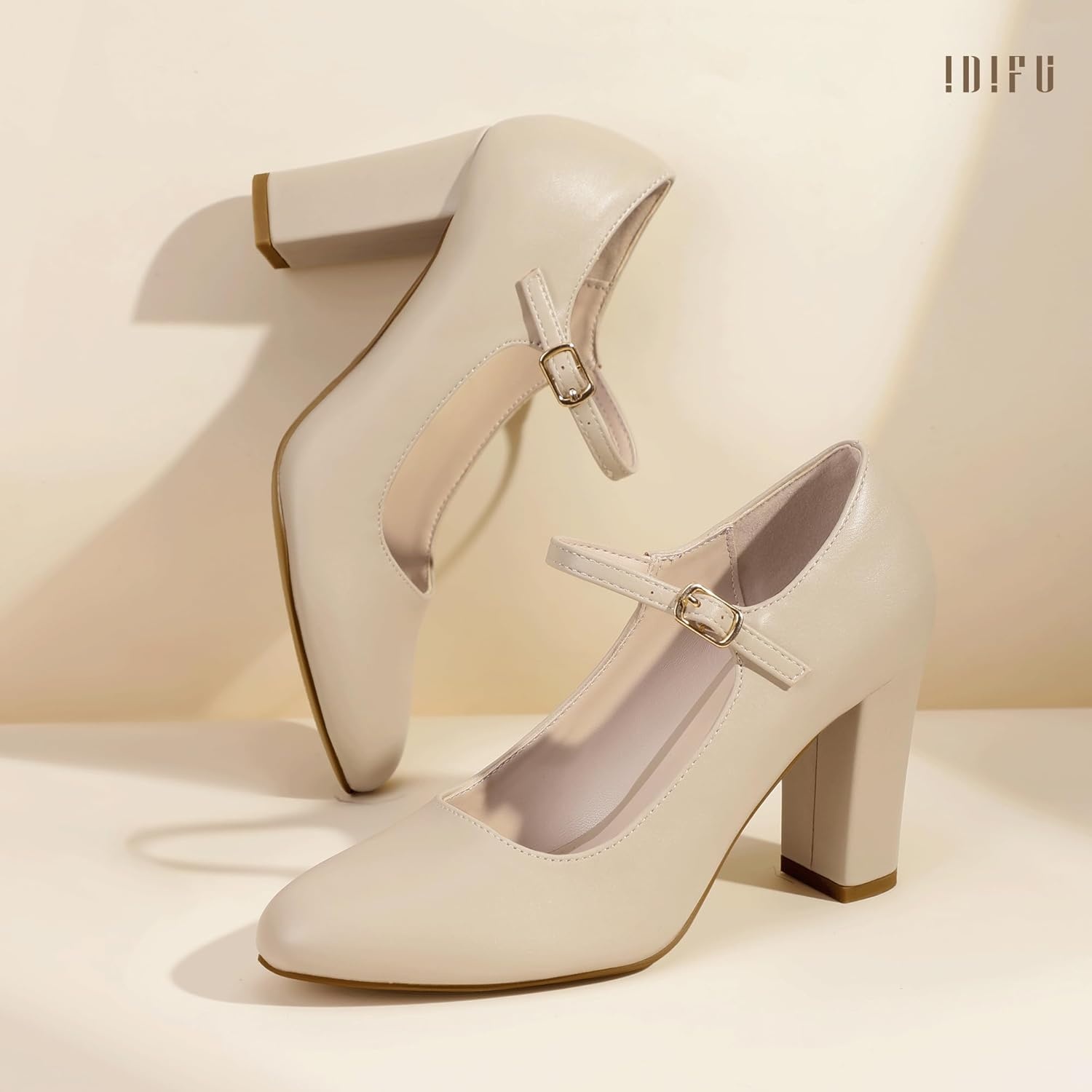image:imageIDIFU IN4 Womens Pumps Mary Jane Dress Shoes for Women Closed Toe Heels High Chunky Block Heels Dressy Wedding Bride Prom Graduation Business Heels Comfortable Formal Vintage Round Toe Pumps ShoesNude Pu