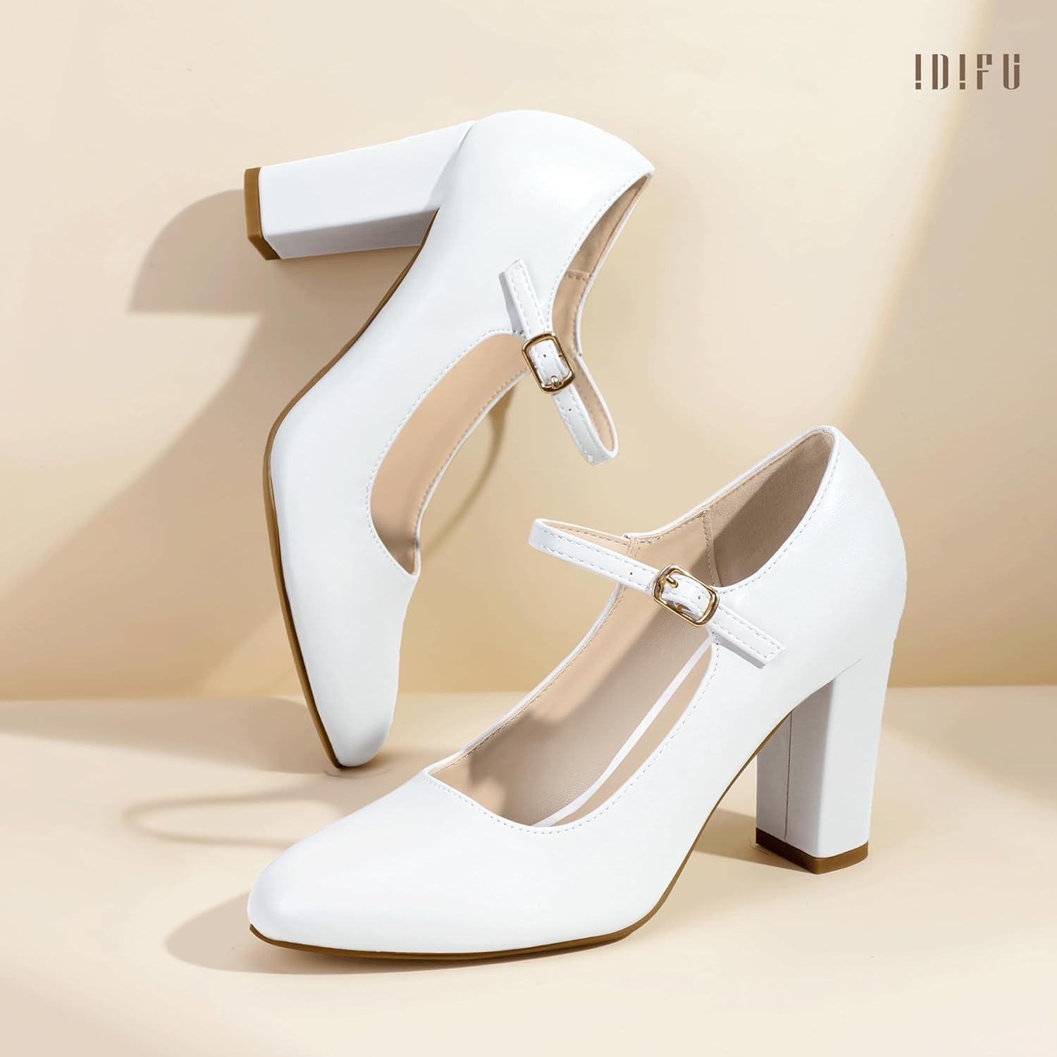image:imageIDIFU IN4 Womens Pumps Mary Jane Dress Shoes for Women Closed Toe Heels High Chunky Block Heels Dressy Wedding Bride Prom Graduation Business Heels Comfortable Formal Vintage Round Toe Pumps ShoesWhite Pu